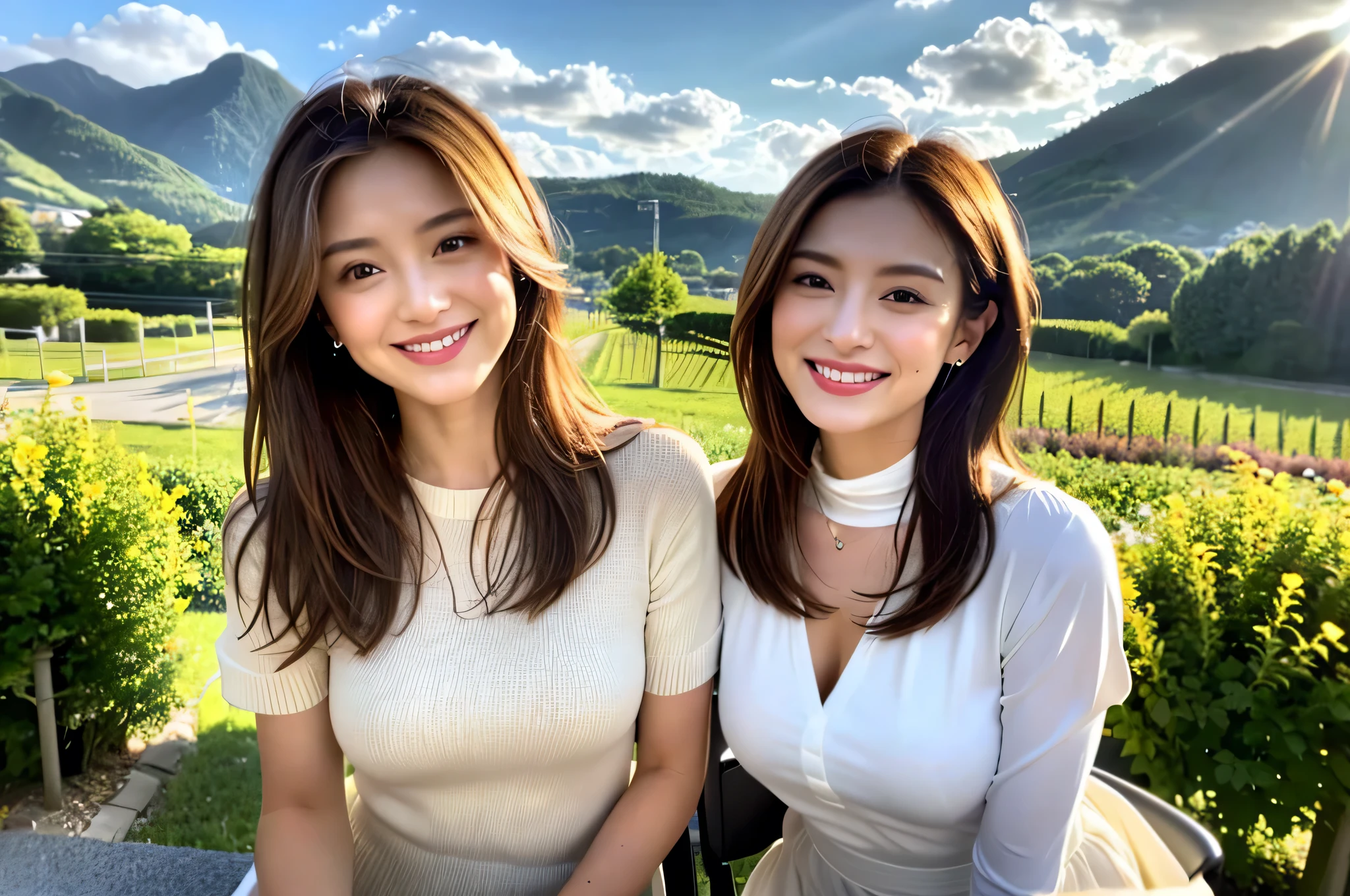 ((White Wine)),(( wine glasses)),(realistic, superrealistic:1.4), 16K HDR, high image quality,((White Wine)),(( wine glasses)),29 years old,Age 31, Japanese Beauty ,so beautiful, turtleneck dress、happy smile、 short hair, best smile、slim couple、Model Couple, Stunning views of the sky and clouds at dusk, DSLR Camera ,detailed background, Usevolume lighting,sit on an outdoor chair and concentrate sharply, super Realistic skin, so beautiful expression , cloud effect :1.2、professional quality high image quality、highest quality, slender body ,High quality face,detailed eyes, beautiful lips, Excellent light particles , Movie Light ,(RAW photo), (realistic), (masterpiece), (highest quality), ( volume light ), portrait , layered hair , brown hair, beautiful eyes, Order Order, so beautiful眉毛, Very beautiful skin, Very beautiful mouth, so beautiful鼻, cute like an idol, happy smile, ( Thick lips),