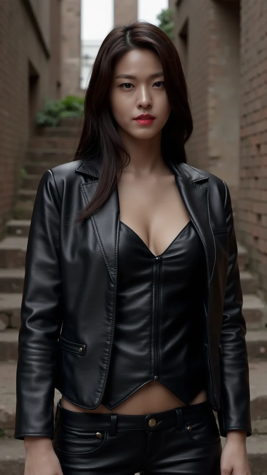 A beautiful 25 year old British female vampire mercenary with long dark hair, Pale skin, (Wearing a blue leather jacket and tight black pants;1.3), Possessing a rifle, View from the front, Waist up shot, Dynamic pose, Ambient Lighting, Photographic realism, Intricate facial details, Exquisite handcrafted details, Very detailed, Vibrant colors, Cinematic, High resolution, Trending Style Raw on Artstation