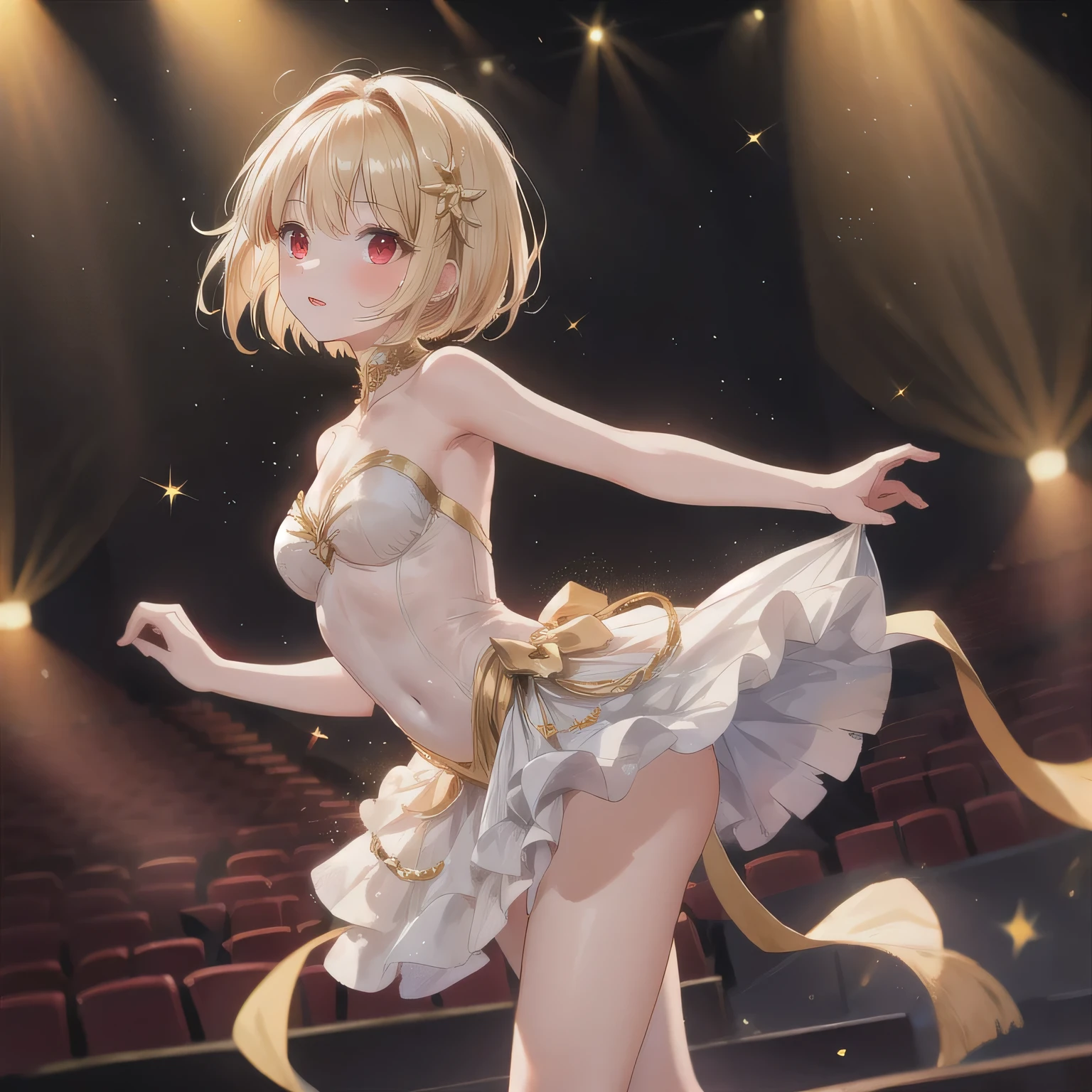 Depict a 20-year-old, exquisitely beautiful ballerina performing on a grand theater stage. She wears a delicate and intricately designed tutu, its soft fabric flowing with every movement. Her posture is impeccable, one leg extended in a perfect arabesque, arms poised elegantly. The warm stage lighting casts a golden glow, illuminating her delicate features and emphasizing the sheer grace of her dance. Blonde hair, bob haircut, red eyes.