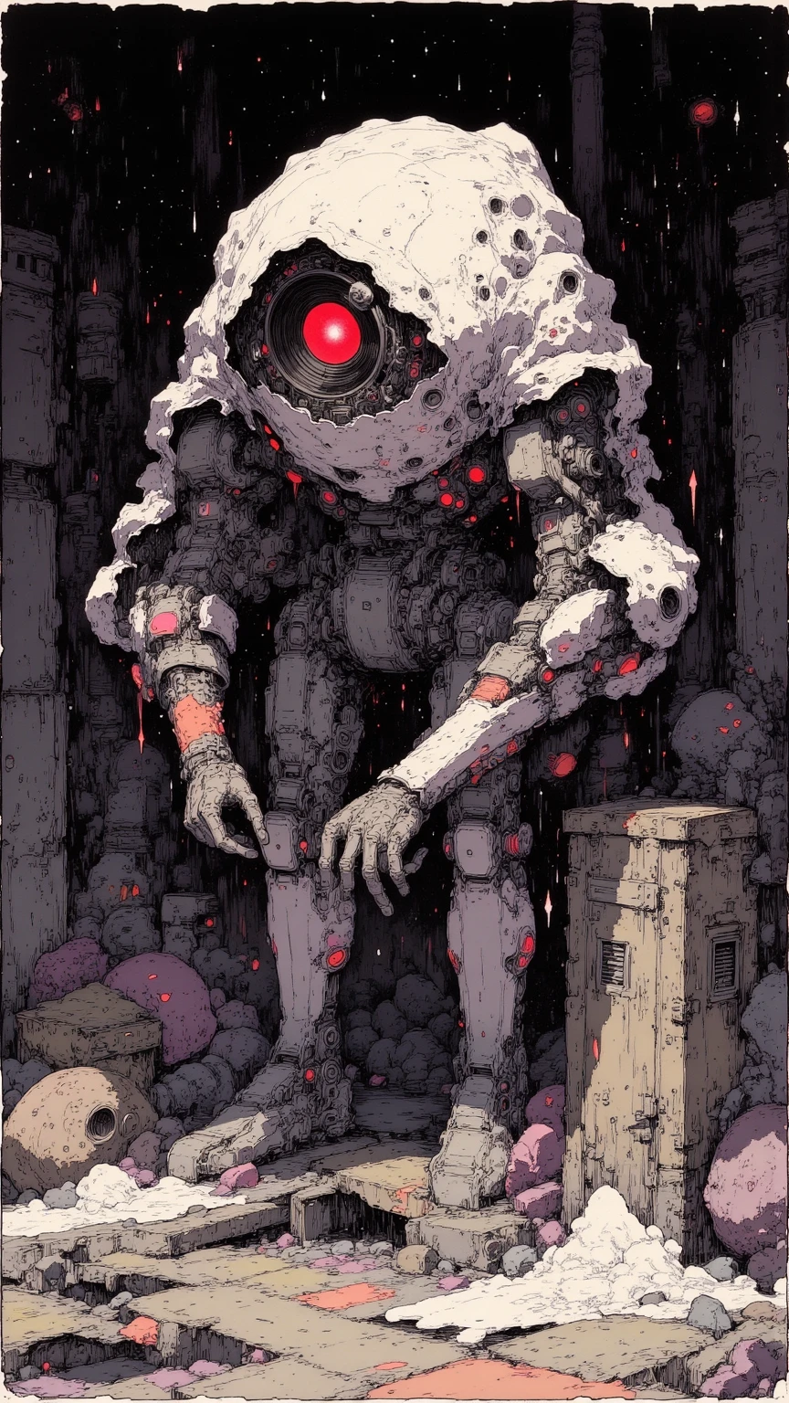 Futuristic Robot Watercolor,Metal Body Shattered White Cloth Covered in Rain,Dangerous Red Eye,Bright Round Light,Low Angle Strong Sense of Presence,Dark Industrial Background Imminent Danger,Dramatic Rage Unusual Atmosphere,Highly Realistic 4K,Extreme Detail,Professional-grade oil painting texture,Electromagnetic Pulse,Metal Corrosion,Quiet Dark Tone,Technology Futurism Style