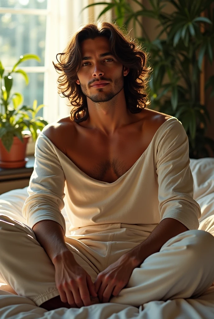 (photorealism:1.2), beautiful man, sitting on bed, wearing loose off-shoulder t shirt, pajama pants, long curly hair, indoors, soft lighting, plants in background, blue, relaxed pose, realistic, intricate details, warm colors, by Greg Rutkowski, by Alphonse Mucha