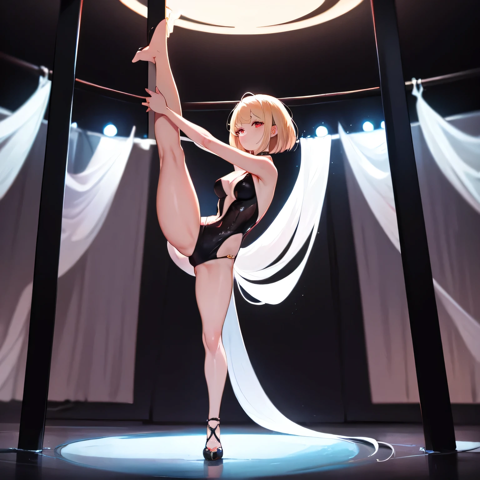 Modest, Shy, Infinitely cute and beautiful, sporty figure, pumped up athletic girl 17 years old; Blonde with short hair, with small neat elastic breasts; with protruding muscles; big eyes, long eyelashes, Happy, joyful smile, looking at the camera, Silk absolutely white ballet swimsuit without colored inserts, stretching, ballet steps (arabesque plie); An alluring hand gesture to the audience, performing on stage, The spotlight is aimed at her (In the circle of light), Focus on that; full body photography, A little further away, Anatomical realism, higly detailed, high quality textures
