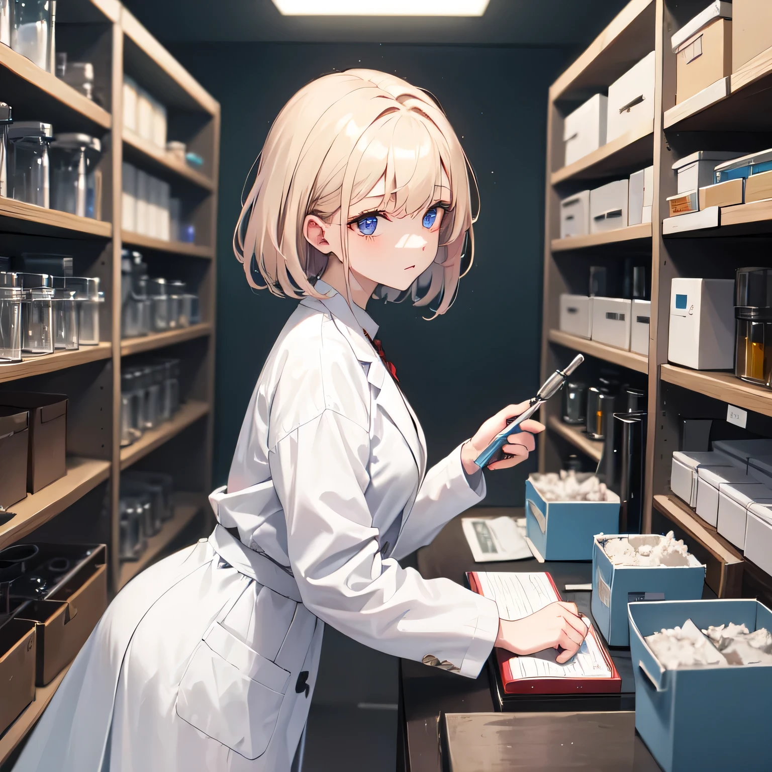 Depict a 20-year-old, stunningly beautiful woman conducting an experiment in a well-equipped science lab. She wears a pristine white lab coat over professional attire, her expression focused as she carefully handles scientific instruments. Whether her hair is long and neatly tied back or short and styled, she maintains a meticulous appearance suited for the lab environment. The background features shelves filled with scientific equipment, adding to the immersive atmosphere of the setting.