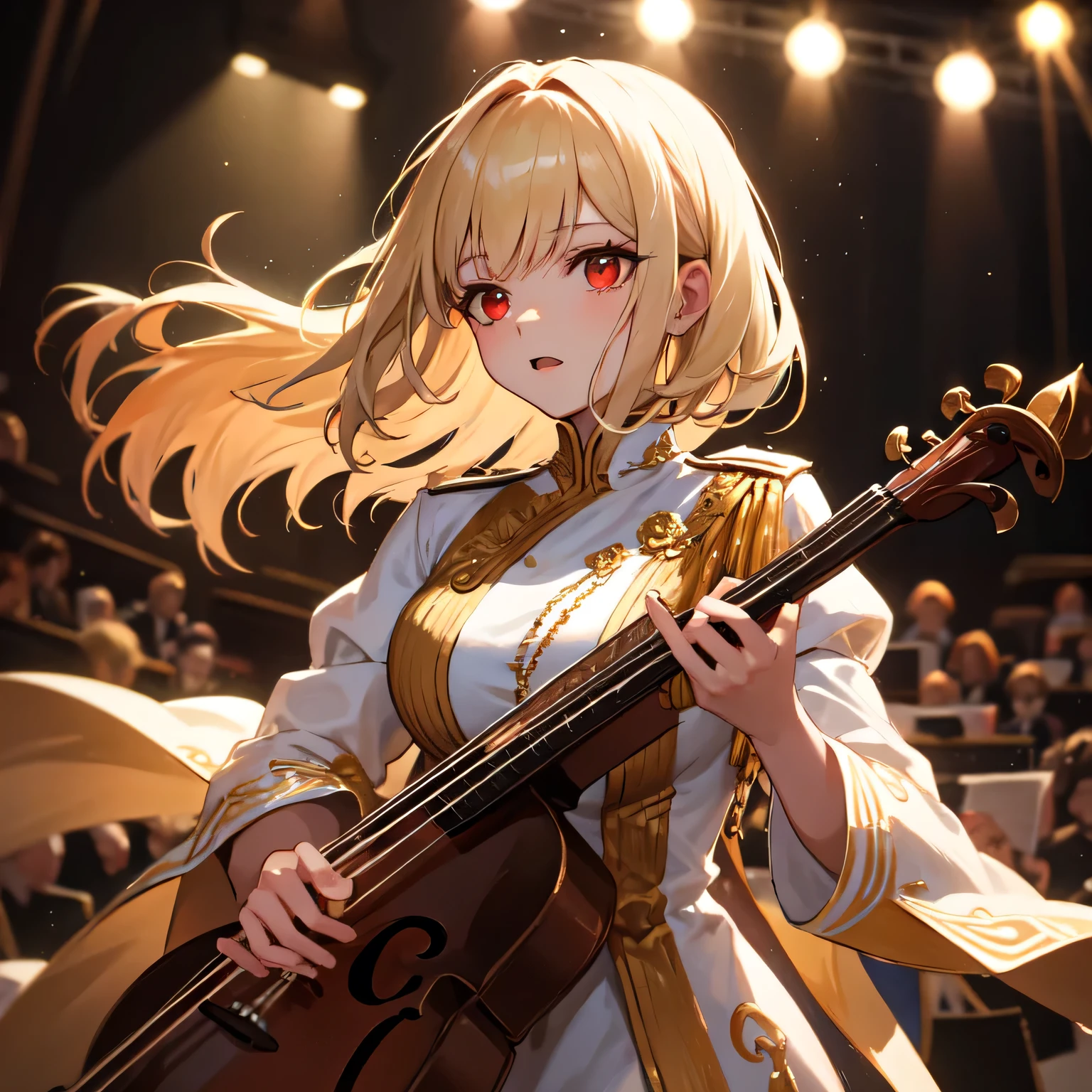 Depict a 20-year-old, dazzlingly beautiful woman playing a brass instrument in a grand concert hall. She wears an elegant yet practical band uniform, designed with intricate gold embroidery. Her posture is poised, fingers positioned with precision, her eyes focused as she plays passionately. The warm stage lighting highlights the shine of her instrument, creating a visually striking contrast between her and the surrounding orchestra. Blonde hair, bob haircut, red eyes.