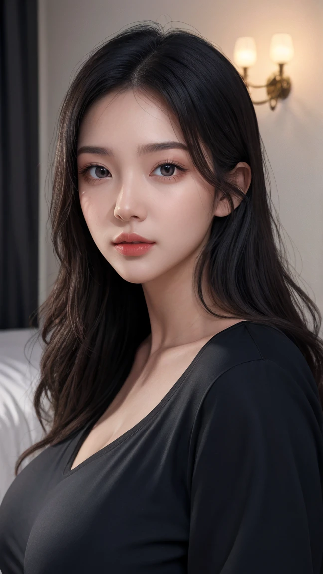 masterpiece, best quality, RAW photos, high resolution, hyper-detailing, Focus on the face, looking at viewer, Detailed eyebrows, realistic beautiful eyes, realistic glossy skin, straight Bangs, realistic movie lighting, detail shaded, high contrast, Slender, big boob, Big breasts, Exposed cleavage, nsfw, Sexy face, Facial expressions when receiving pleasure, ((Dark background)),