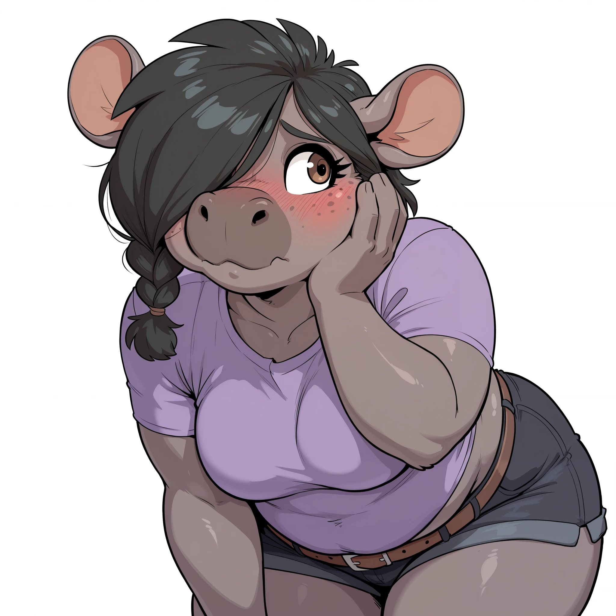 Anthro hippo, 1girl, solo, medium breasts, medium hair, single braid hairstyle, big eyes, big eyelashes, glossy fur, dark grey skin, black eyeliner, narrow shoulders, simple background, brown eyes, purple t-shirt, simple background, white background, chubby cheeks, freckles, hair over eye, black hair, wide hips, chubby thighs, black denim shorts, brown belt, chubby calves, hand at cheek, blushing, shy, face focus, dark grey hippo nose