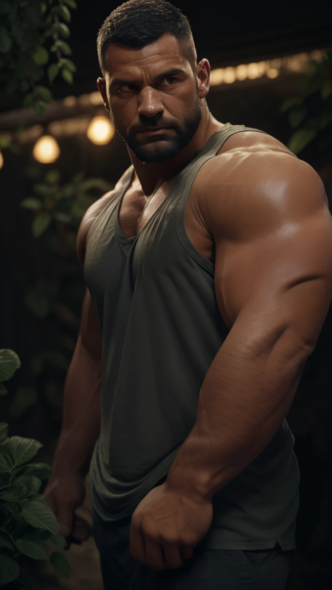 An award-winning original photo,A wild muscular man, (40 years old daddy:1.1), 1boy, Solo, (wearing red plaid overall), (big shoulders), musculature, stubbles, Short beard, Beautiful eyes:1.3, ), (Detailed face:1.3), (baseball cap), smiles, Dynamic Angle, volumetric lighting, (Best quality, A high resolution, Photorealistic), Cinematic lighting, Masterpiece, RAW photo, Intricate details, hdr, depth of field, paddyfield in the background, from below, golden sunshine