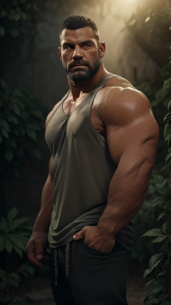 a very handsome young man, gray shirt, massively large bulge, extremely handsome, very muscular, with very large muscles, defined and muscular body, hands in pockets, in a forest at night