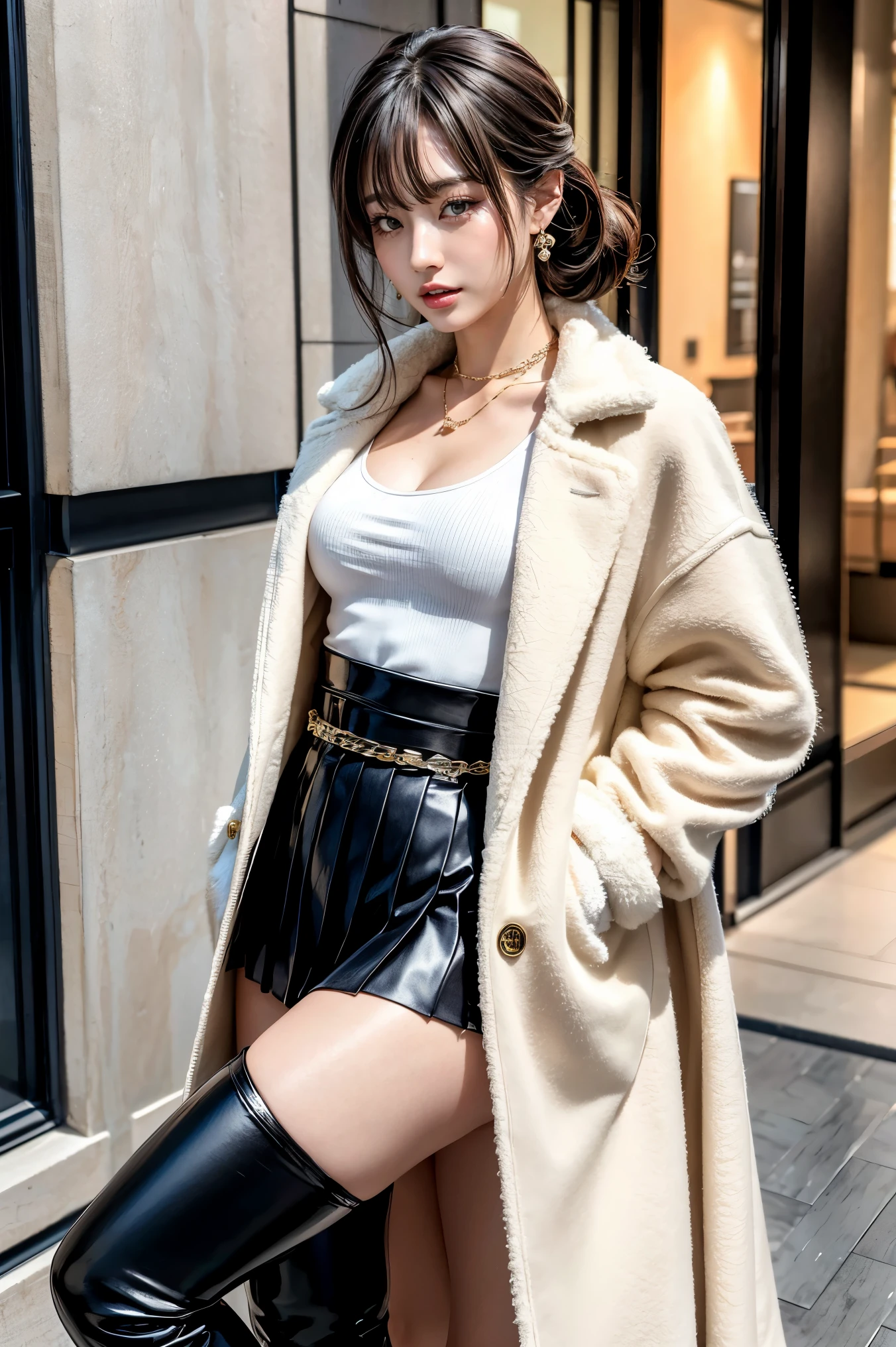 （３２K,high-detail,high detal,hight resolution,highdensity,独奏：1.3）,（Realistic people,Live Action,A detailed eye,High resolution eyes,Fine eyes,Eyes that look like they are alive,Beautiful dark blue eyes,Fishing eyes,detailed lips,Crystal clear white skin,detailed realistic faces：1.3）,（Japanese ido,Korean Idols,model in Japan,Korean models,Korean K-Pop Female Idols：1.2）,（with a flushed face,natural make up,a necklace,piercings,Navel piercing：1.4）（Cargo pants,Colorful tops with a large silhouette,Coat with a large silhouette,Leather Boots,Hats,Mode-type beautiful eyes casual：1.6）,（well-shaped breasts：1.5）,（Sexy and very beautiful Korean１6 years old little girl,Cool eyes,little smiling,facing back,turned around,Looking at the camera,Fashion Leader,fashion modell,Soft skin,Unforgettable eyes,Eyes are too beautiful,I want to go to Paris Collection.,Cutting-edge fashion：1.6）,（showing your whole body,Show full-body fashion,Fashion that stands out：1.7）
