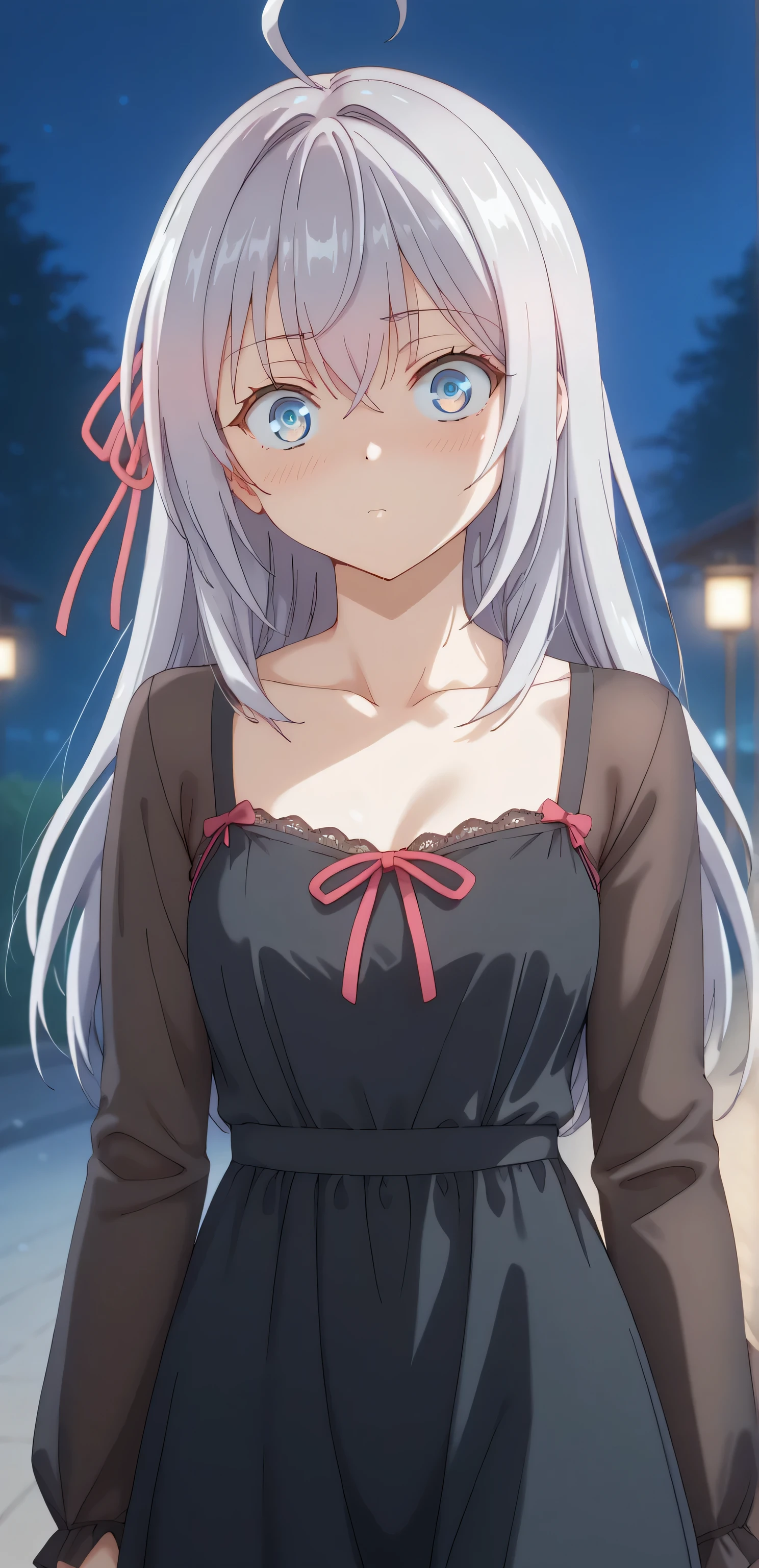 Upper body, score_9, score_8_up, score_7_up, source_anime BREAK 1girl, alya_def, solo, looking at viewer, blush, shy, hair ribbon, pink ribbon, wide-eyed, meme, ((Black Nightdress )), Japanese streat, night, Walking on the streat