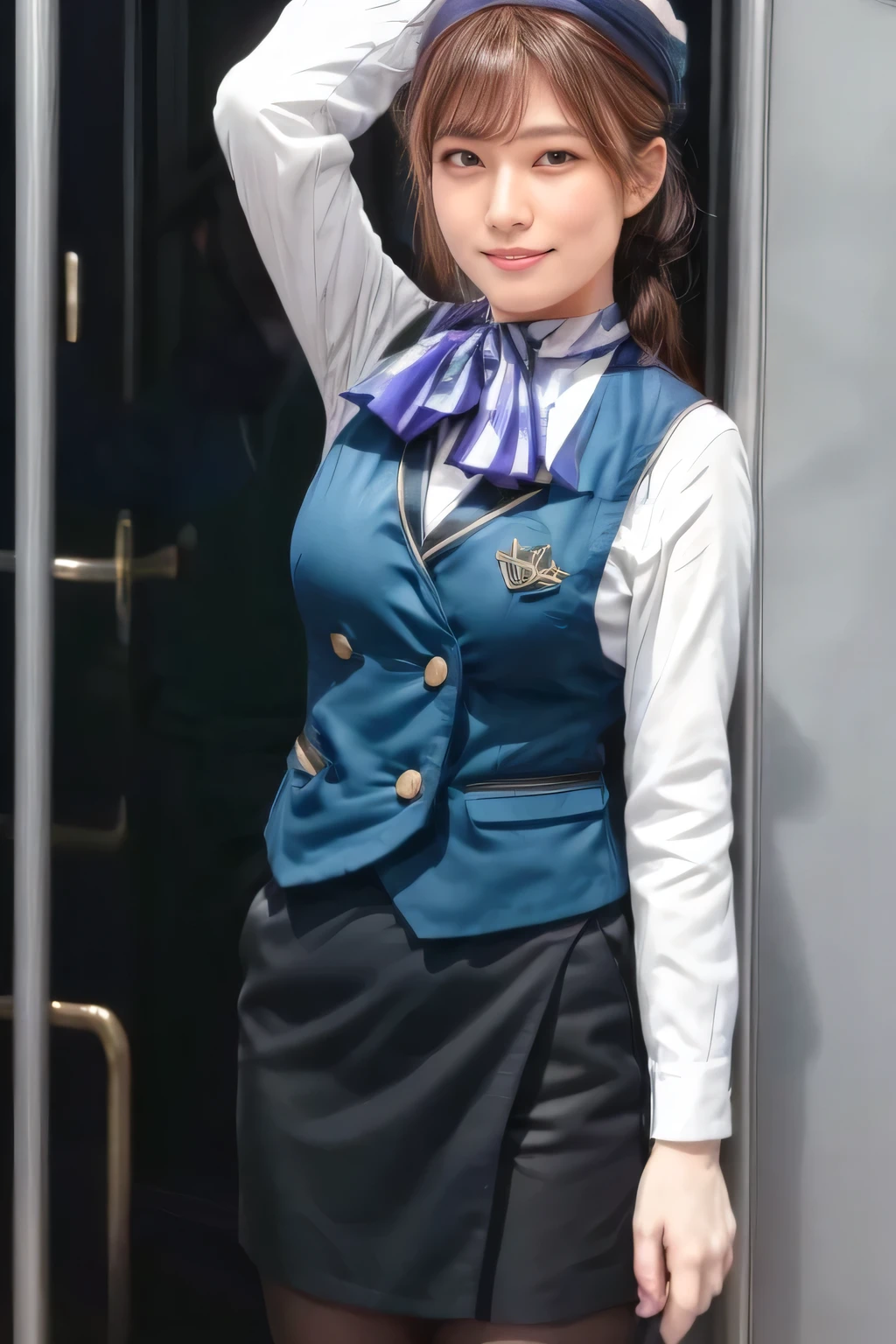 ( masterpiece :1.2, top quality:1.2), 32kHDR, kampala , (alone、 1 girl)、(what 、 professional lighting )、Cabin background、(Nankai train crew uniformを着たリアルなスタイル)、((Nankai train crew uniformのグリーンのベスト))、((Nankai train crew uniform white long sleeve blouse without stand collar )) 、((Nankai Train crew uniformの黒の巻きキュロットスカート 、 Wrap a scarf around your neck ))、 teeth、 I have a lot of dark brown hair 、( super long hair wrap hair 、 braid summary hair )、 teeth、 I have a lot of dark brown hair 、 long hit 、Big Breasts 、 Read more、(( amazing hand :2.0)),(( Harmonious physique :1.5)),((generally limb:2.0)),((generally :2.0)),(( Delicate Eyes :2.0)),((generally goal :2.0)))、smile、(Nankai train crew uniformを着た美しい姿)、 cross hands under the body