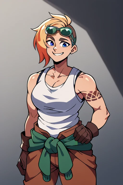 full view, masterpiece, cartoon, wsma1985, one woman, young woman, sci-fi cowgirl, mid-twenties, gorgeous woman, ripped, blond hair, medium length hair, green eyes, sparkling eyes, smiling, tan, white cowboy hat, neck-high crop-top, white crop top, red scarf, muscular, bare shoulders, bare mid-riff, abs, thick thighs, red gloves, ranching gloves, brown belt, orange pants, long pants, brown cowboy boots, gold trimmings, flat colors, vibrant colors. Solid background, white background.