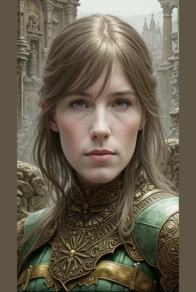 Bird's Eye View detailed ((dnd knight middle aged woman portrait)), happy, HD, (oil painting:1.1), (comic book art style:1.5),(inked outline:1.3), Stunning, Character, Portrait, (((Looking Sideways))), angular features, (darkbrown Braids Hair), (muted natural colors:1.3) in painterly style by Thierry Doizon , splash art