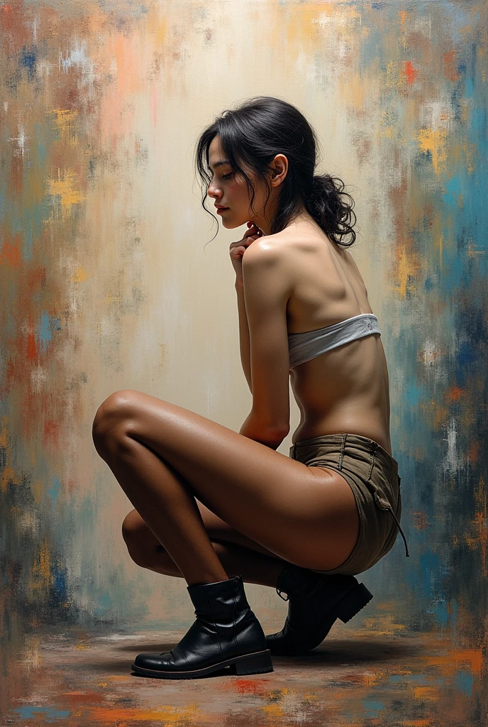 painting of a beautiful short hair skinny fashion model nude sitting on four legs on the floor seen from behind legs open in a studio photo