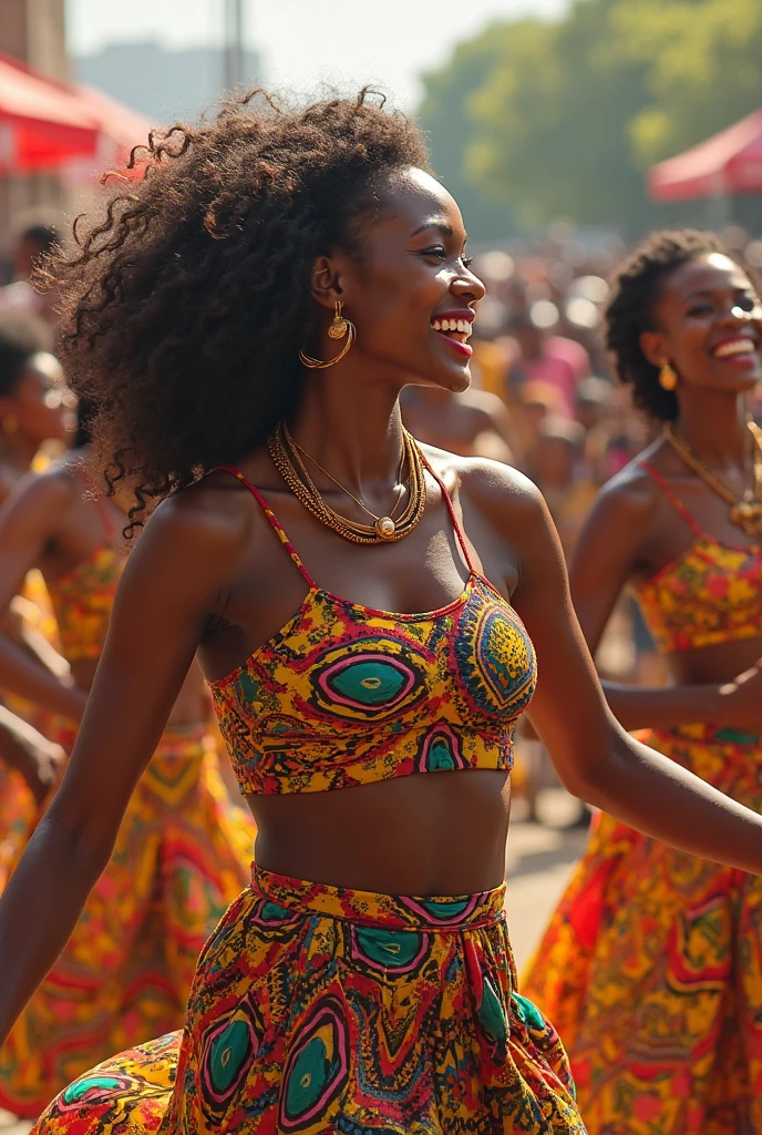 Generate a realistic and consistent image of Nma a very beautiful 28 years Nigerian princess, tieing rapper on her chest and waist decorated with beads on her hair and waist, dancing in the village square with villagers watching her and clapping for her 