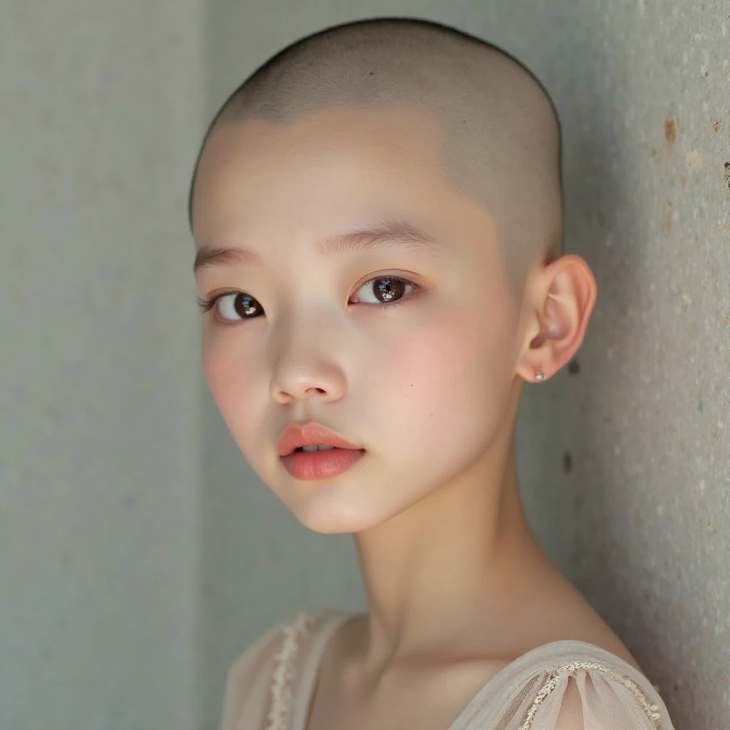 （shaved head）, （japanese woman）, round face, not so cute, snub nose, large nostrils, chunky lips, small double eyelid, the eyes are far apart, Chubby, high quality, Masterpiece, 8k, real portrait, realistic pictures