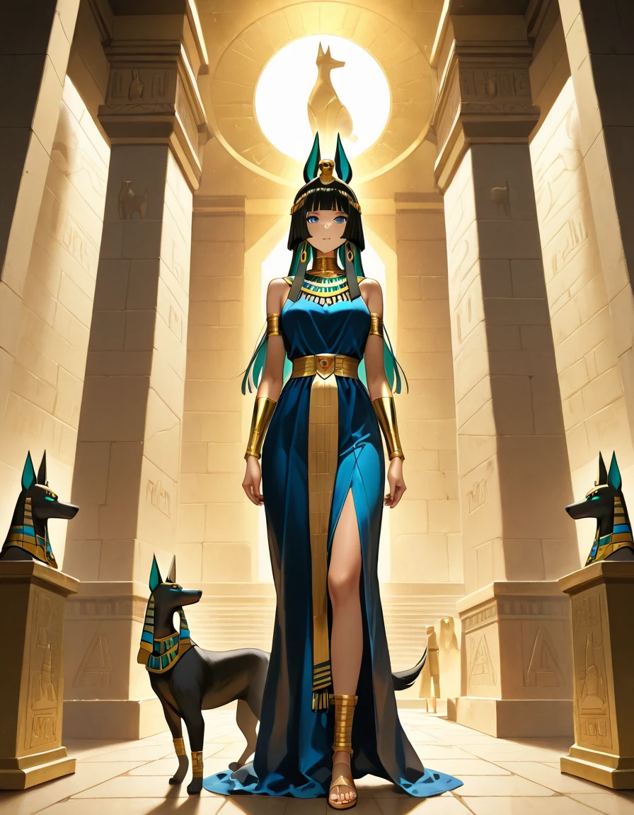 Concept art, character illustration, European and American cartoons, 1girl, egyptian, egyptian clothes, jewelry, solo, breasts, black hair, hand on hip, earrings, dress, full body, looking at viewer, sandals, dark skin, makeup, medium breasts, smile, white dress, bangs, standing, anklet, dark-skinned female, blunt bangs, green eyes, eyeshadow, cleavage, armlet, signature, eyeliner, bracelet, gold, closed mouth, medium hair,<lora:haiwaixiuxian:1>,