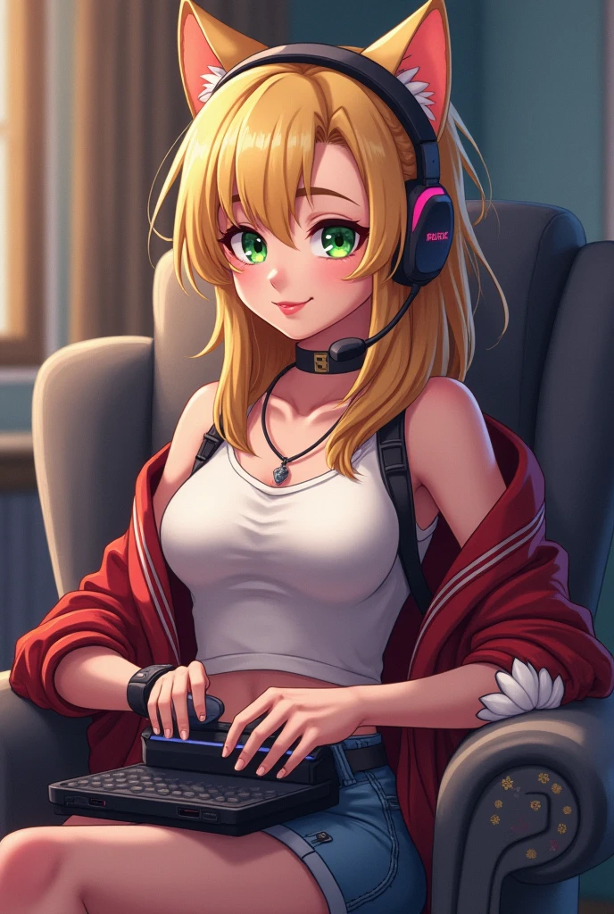 blonde gamer girl leaning into the camera, photo from front above, red hoodie, large white gamer headphones, small breasts, skintight white top:1.2, cleavage, pink bra:1.2, looking at viewer, soft colors, cinematic lighting, perfect anatomy:1.2, round breasts:1.2, well-organized, neat:1.2, perfect proportions,