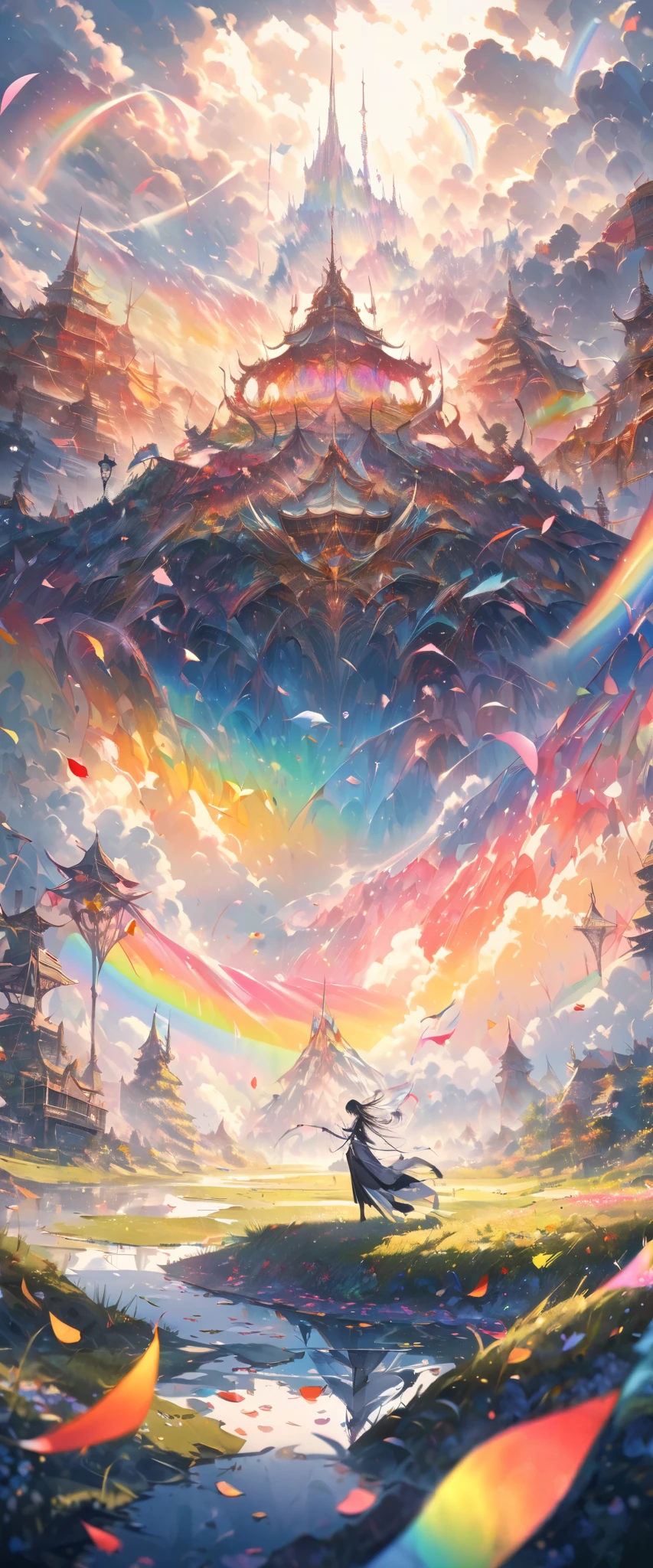 Feather,wing, Fusion of Oil Painting and Watercolor , A fusion of paper cutting and shadow puppetry, Monochrome artwork all over , best quality, Ultra-fine, 16k, extremely ridiculous , very well detailed, delicate and dynamic, A mysterious giant art structure made of chrome frames and glass, after the rain, Sun shines through the clouds, Glass reflects rainbow colors、Displays a timer analyzer with many rainbow colored petals falling , Many rainbow colored petals are falling, Grass is shrouded in mist , create amazing image effects
