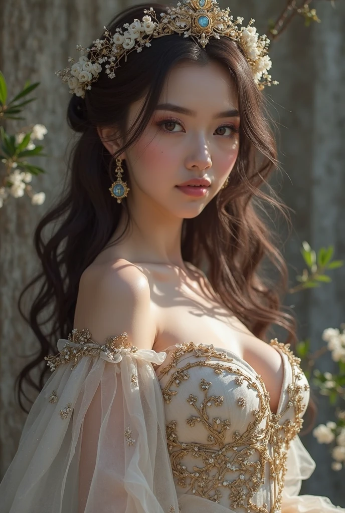 (A girl wearing a crown made of flowers in full bloom, approaching flowers,Embodying the harmony between nature and human creativity,high detail,  hyper hd, highest quality，works of art，expensive、expensive品質，8k