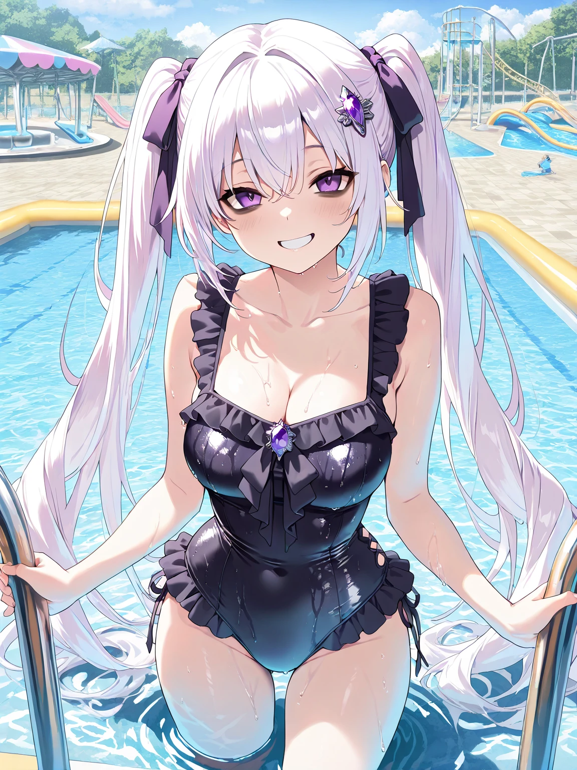 (masterpiece, best quality, anime_coloring:0.8), 1girl, solo,  EmiSwimsuit, alternate_hairstyle, high_ponytail, 1girl, swimsuit, long_hair, breasts, solo, bangs, smile, cleavage, looking_at_viewer, white_hair, hands_on_hips, outdoors, very_long_hair, covered_navel, choker, day, large_breasts, collarbone,  deep_skin, skindentation, deep_cleavage, BDS, 