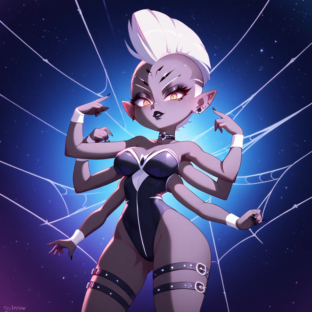 Humanoid creature, extra arms, extra legs, long silver hair, glowing eyes, holding a cristal, in space