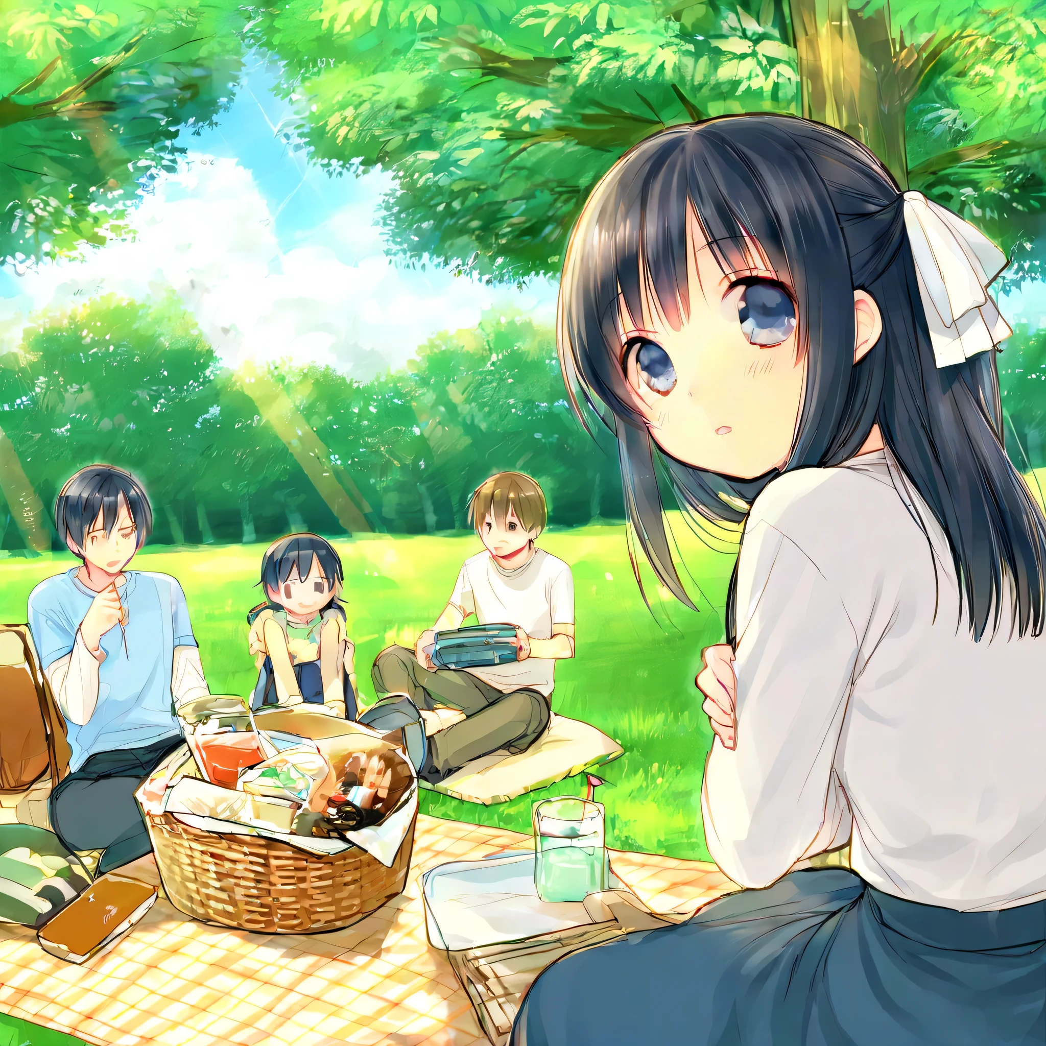 Have a nice picnic and chat with a group of good friends. There are crisper boxes containing various foods on the picnic mat; there are steel cups for drinks.