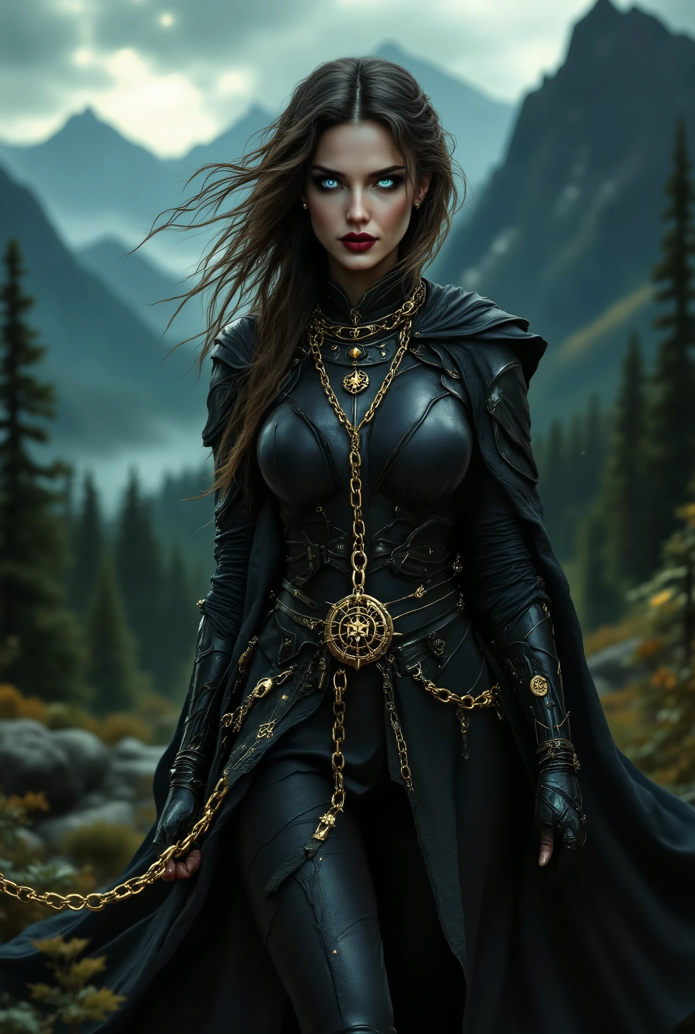 A beautiful Girl in Leather Armor, Beautiful, sexy, gorgeous image, Outstanding shapes, Holds a beautiful Massive Gold Chain with magic symbols, The beautiful gentle sparkle of stars, Paints the Sky in an extraordinary color, A deciduous forest with mountain views, Masterpiece , Better quality, intricate details, maximum quality, runs away from the mountain High quality, 8 k, ultra resolution, 8 k, detailed , Exactly, fantasy style, Fantasy,