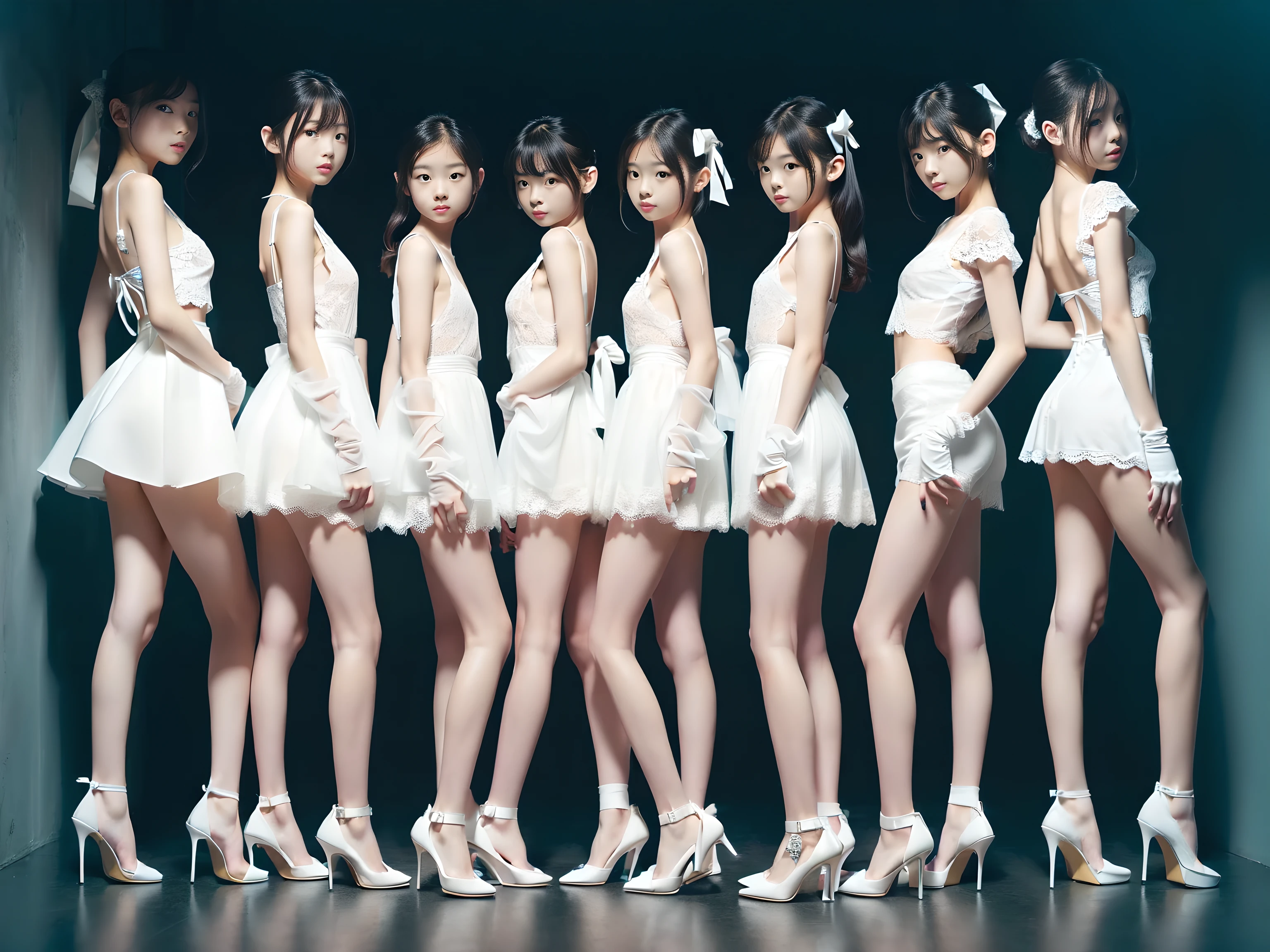 Extremely Detailed KAWAII junior idols, ((Variations of Roundly Tiny buttocks)), PUNIPUNI Radiant PearlSkin with clear transparency, ThighGap, (Exposed:-1.2), ((Tutu Skirt)) with Tiny Thongs, Absurd Detailed LifeLike Rendering, (Acutance:0.85), VolumetricLighting (((Ultra-detailed CommercialPhoto))),
