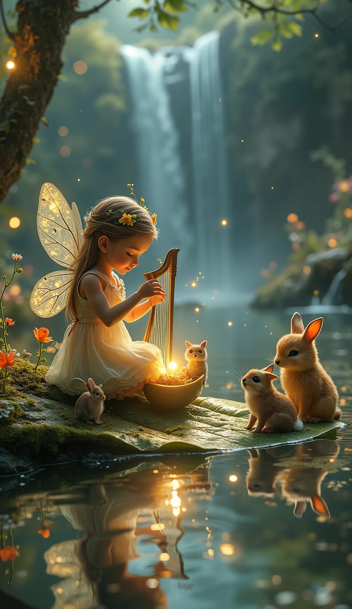 A tiny fairy with delicate translucent wings sits gracefully on a floating golden leaf, playing a miniature harp that glows softly with each plucked string. As she plays, gentle ripples spread across a crystal-clear pond, reflecting the moonlight. Fireflies and magical sparkles dance around her, illuminating the misty enchanted forest. A soft breeze sways the glowing flowers nearby, and a cascading waterfall shimmers in the background. Surrounding the fairy, woodland animals—rabbits, foxes, owls, and deer—sit quietly, mesmerized by the beautiful melody. Some animals close their eyes in peaceful enjoyment, while others lean in, captivated by the ethereal music. The entire scene is dreamy, peaceful, and filled with a magical atmosphere, evoking a sense of wonder and tranquility.