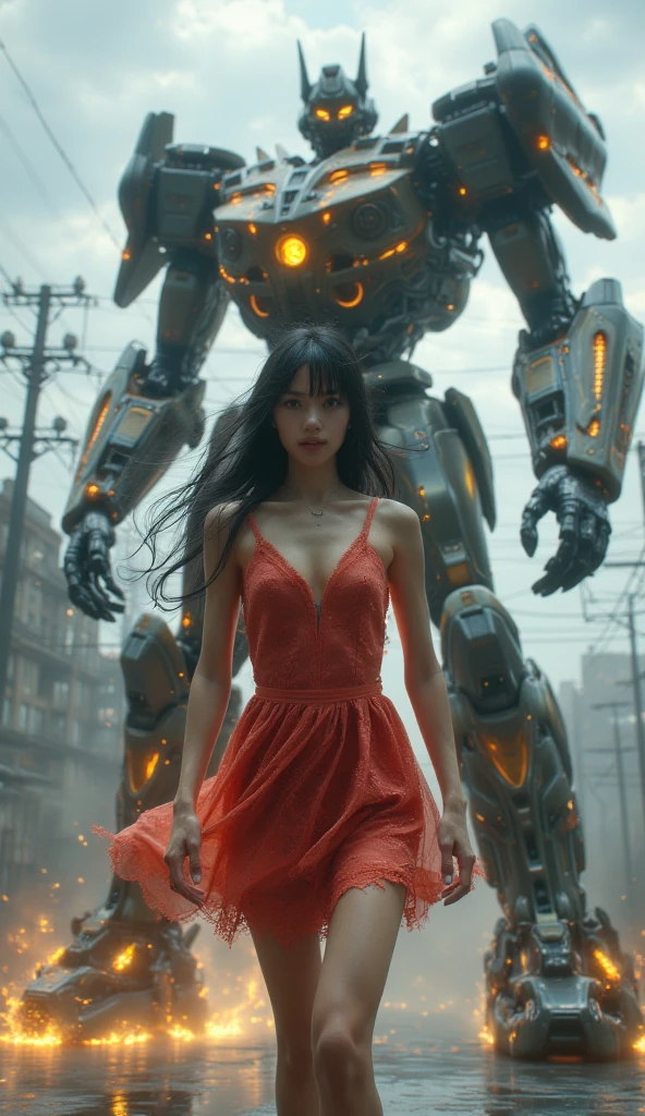 A beautiful Indonesian woman walking gracefully down a street with a towering mecha robot standing behind her. The background features the ruins of buildings and damaged cars, creating a dramatic and post-apocalyptic atmosphere. The scene is rendered in ultra high definition with 16k resolution, capturing every intricate detail and nuance.
