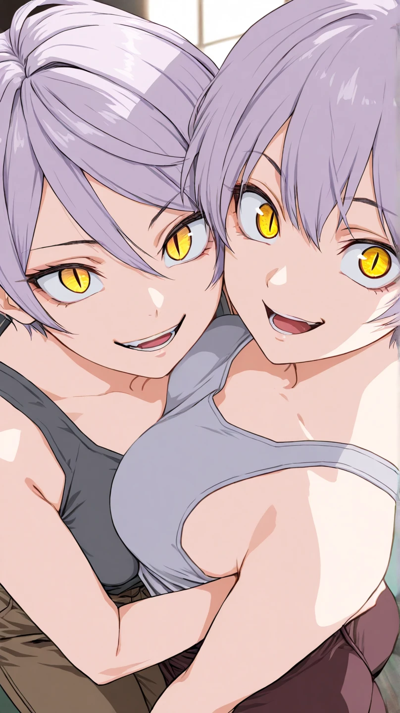 (muste piece), (best quality), (score_9, score_8_up, score_7_up), very detailed eyes, expressive eyes, perfect face, very detailed face, highly detailed face, beautiful girl, 8K, beautiful girl, white background, delicate and beautiful face and eyes, dark intense shadow,
2 girl, vtuber style, cool girl, Hololive, (Tokoyami Towa, purple hair, green eyes), (amane kanata, streaked hair, short hair,) mini bikini, front-tie top, small chest, cropped shoulders, clavicle, wet body, one eye close winking, smile, body visible through clothes, chest visible through clothes, ass visible through thighs, (full body), barefoot, naked thighs, holding hands, interlocked fingers,