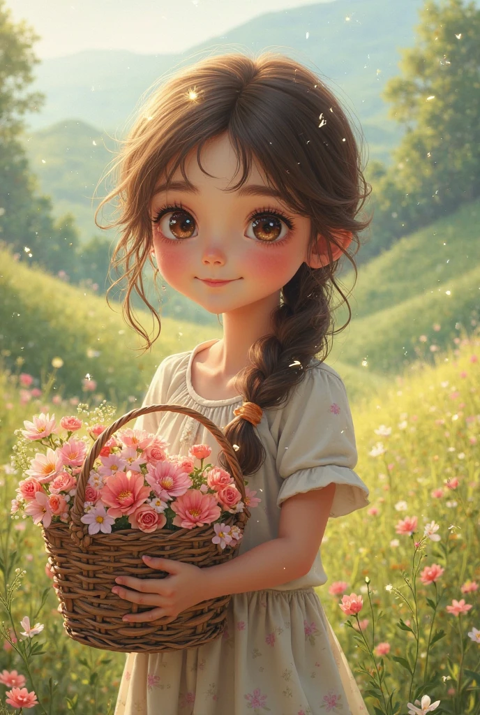 (pixarstyle:1.25) a waist-length portrait of a little girl with a basket of flowers, overgrown with poppy flower, natural skin texture, 4k textures, hdr, intricate, highly detailed, sharp focus, cinematic look, hyperdetailed