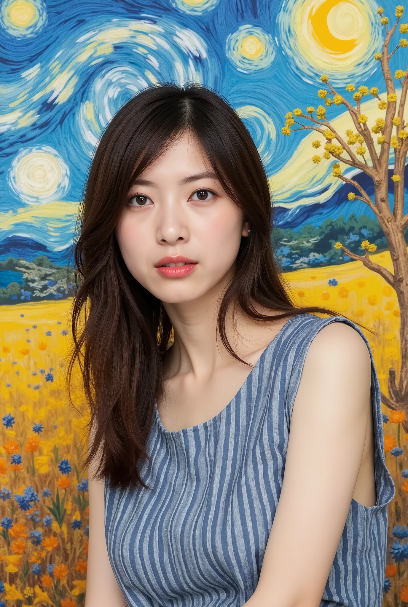 Create an oil painting with a beautiful Japanese girl in Van Gogh's background。