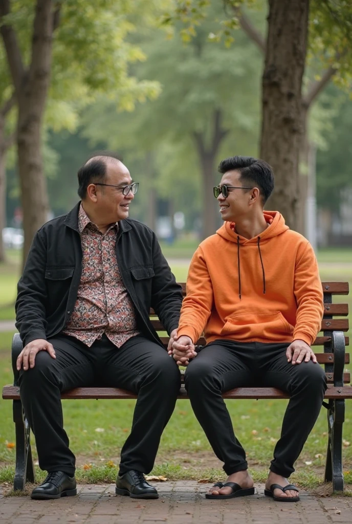 a man from indonesia as known as Prabowo Subianto,70 years old, chubby, clean face, neat black hair, wearing a light blue long-sleeved shirt, wearing shiny black shoes, sitting with handsome indonesian man aged 30 year old wearing blue shirt and black jeans, enjoying coffee, outdor coffee shop, very detail, cinematic,8k resolution, serene, photography, ultra HD 