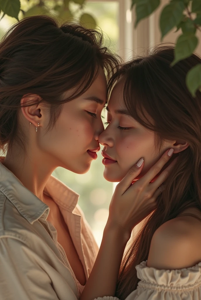 Sexy woman being kissed on the neck by a young boy
