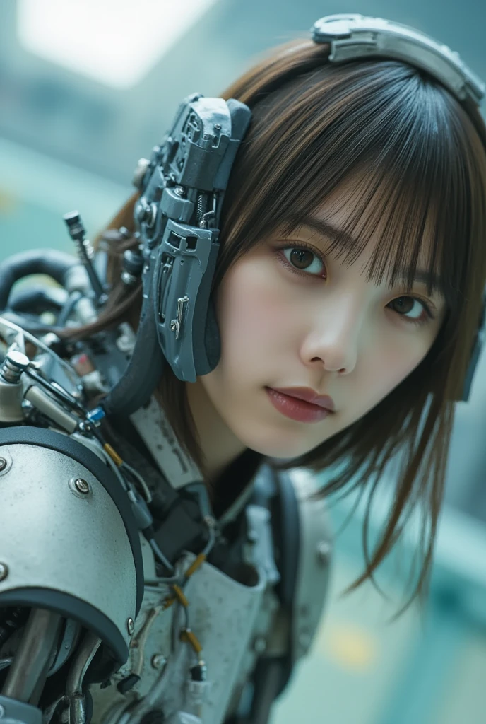(((masterpeace))), ((photo realistic:1.55)), (Japanese Girl), ((realistic skin)), no makeup, ((broad jawline)), puffy face, ((Very pale brown hair)), (((messy hair))), (Short Bob Cut), (Android), ((Black mechanical joints are exposed.:1.3)), black bikini, Exposed skin, Frowning