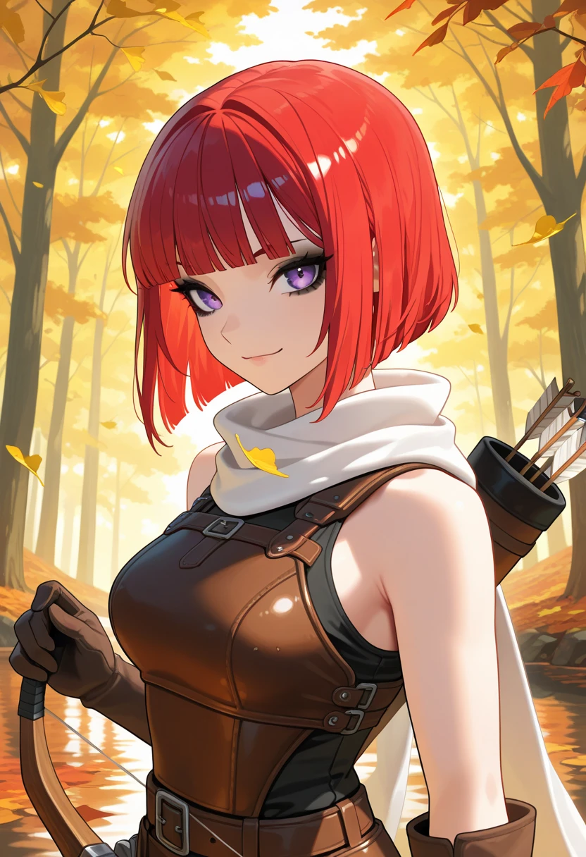 1girl, pixie cut red hair, chartreuse eyes, wearing metal breastplate, denim shorts, fishnets, holding knife, forest, absurdes, high res, ultrasharp, 8k, masterpiece, looking at viewer