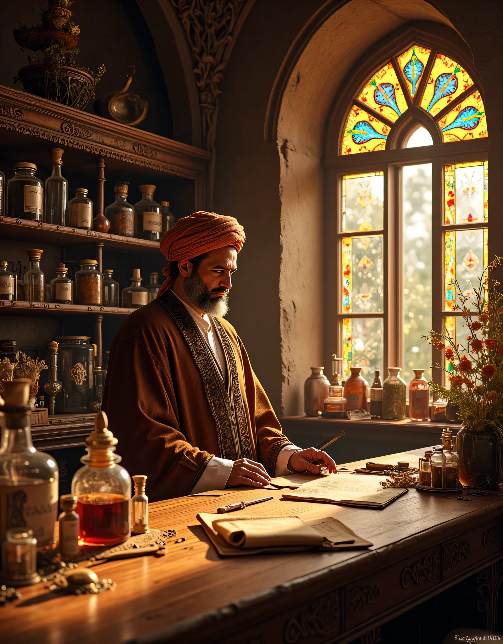 **Prompt:** Envision a richly detailed scene set in a medieval herbalist's chamber, where the air is fragrant with the earthy scents of dried herbs and obscure botanicals. The dimly lit space is curated with ornate wooden shelves, overflowing with jars of colorful potions and intricately labeled vials of remedies, showcasing the art of ancient medicine. In the heart of this room stands a wise, smiling middle-aged botanist of Arabic descent, his intricately patterned robe and stately turban reflecting his noble heritage. His attention is captivated by an expansive oak table strewn with delicate scrolls and an array of glass tubes brimming with vibrant herbal concoctions. As he diligently writes with a fine brush, a warm golden light from the setting sun pours through tall, stained-glass windows, casting a kaleidoscope of colors and creating a serene atmosphere. In the background, historical medical instruments hint at the evolving understanding of healing practices, each artifact exuding a sense of history and curiosity. Capture this moment in hyperrealistic detail, using a medium-angle perspective to emphasize the rich textures of the chamber—the natural grain of the wood, the soft glow of candlelight, and the physician's meditative expression—as a symbol of the enduring quest for knowledge and the profound legacy of the healing arts. Let the viewer feel as if they are stepping back in time, invited into this enchanting world where science and tradition converge harmoniously.