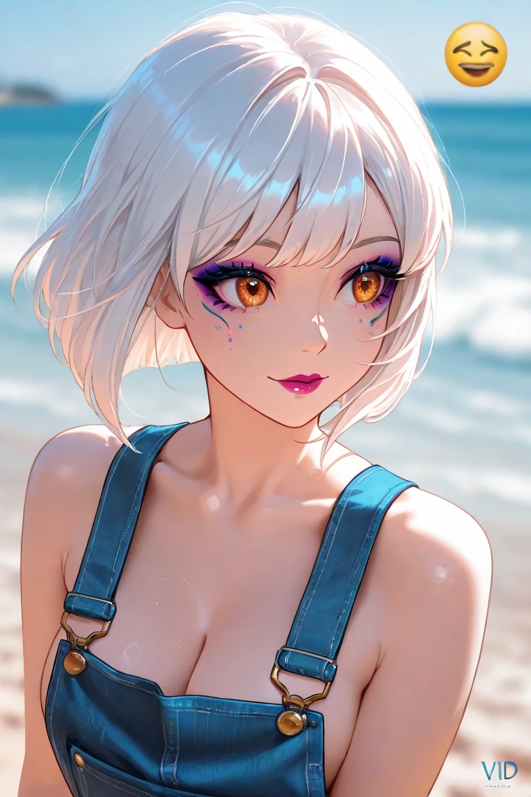 anime theme, beautiful girl, looks cute, blue eyes white hair, big breasts, set on the beach wearing only a bikini