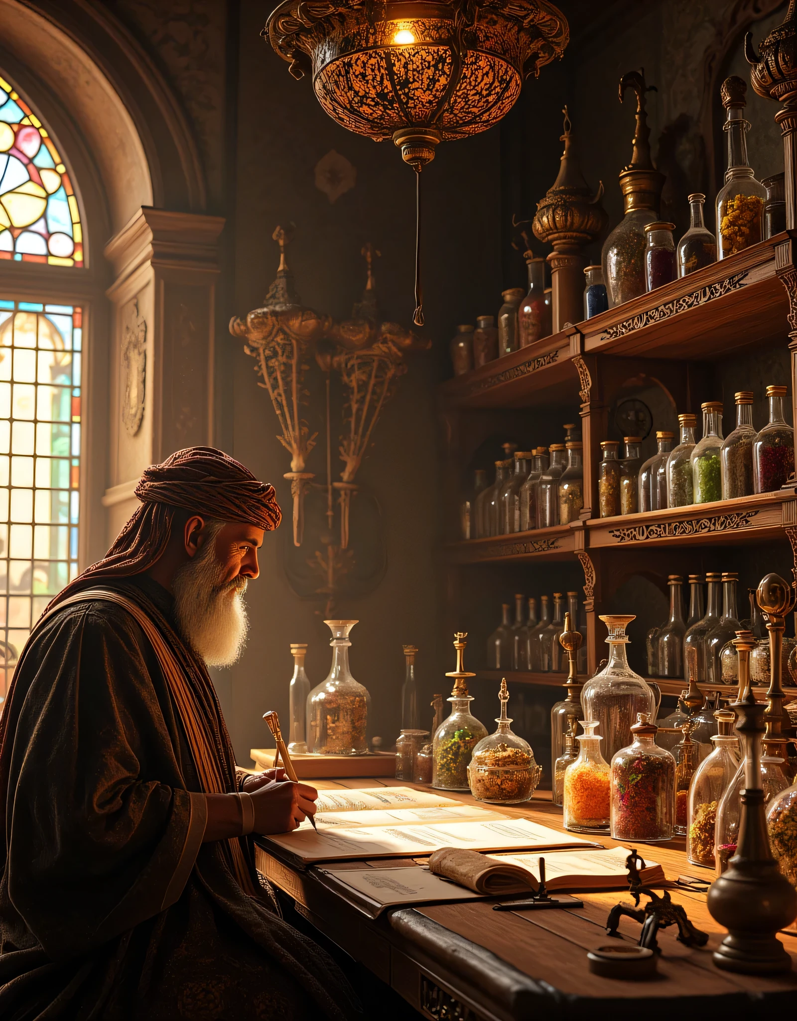 **Prompt:** Envision a richly detailed scene set in a medieval herbalist's chamber, where the air is fragrant with the earthy scents of dried herbs and obscure botanicals. The dimly lit space is curated with ornate wooden shelves, overflowing with jars of colorful potions and intricately labeled vials of remedies, showcasing the art of ancient medicine. In the heart of this room stands a wise, smiling middle-aged physician of Arabic descent, his intricately patterned robe and stately turban reflecting his noble heritage. His attention is captivated by an expansive oak table strewn with delicate scrolls and an array of glass tubes brimming with vibrant herbal concoctions. As he diligently writes with a fine brush, a warm golden light from the setting sun pours through tall, stained-glass windows, casting a kaleidoscope of colors and creating a serene atmosphere. In the background, historical medical instruments hint at the evolving understanding of healing practices, each artifact exuding a sense of history and curiosity. Capture this moment in hyperrealistic detail, using a medium-angle perspective to emphasize the rich textures of the chamber—the natural grain of the wood, the soft glow of candlelight, and the physician's meditative expression—as a symbol of the enduring quest for knowledge and the profound legacy of the healing arts. Let the viewer feel as if they are stepping back in time, invited into this enchanting world where science and tradition converge harmoniously.