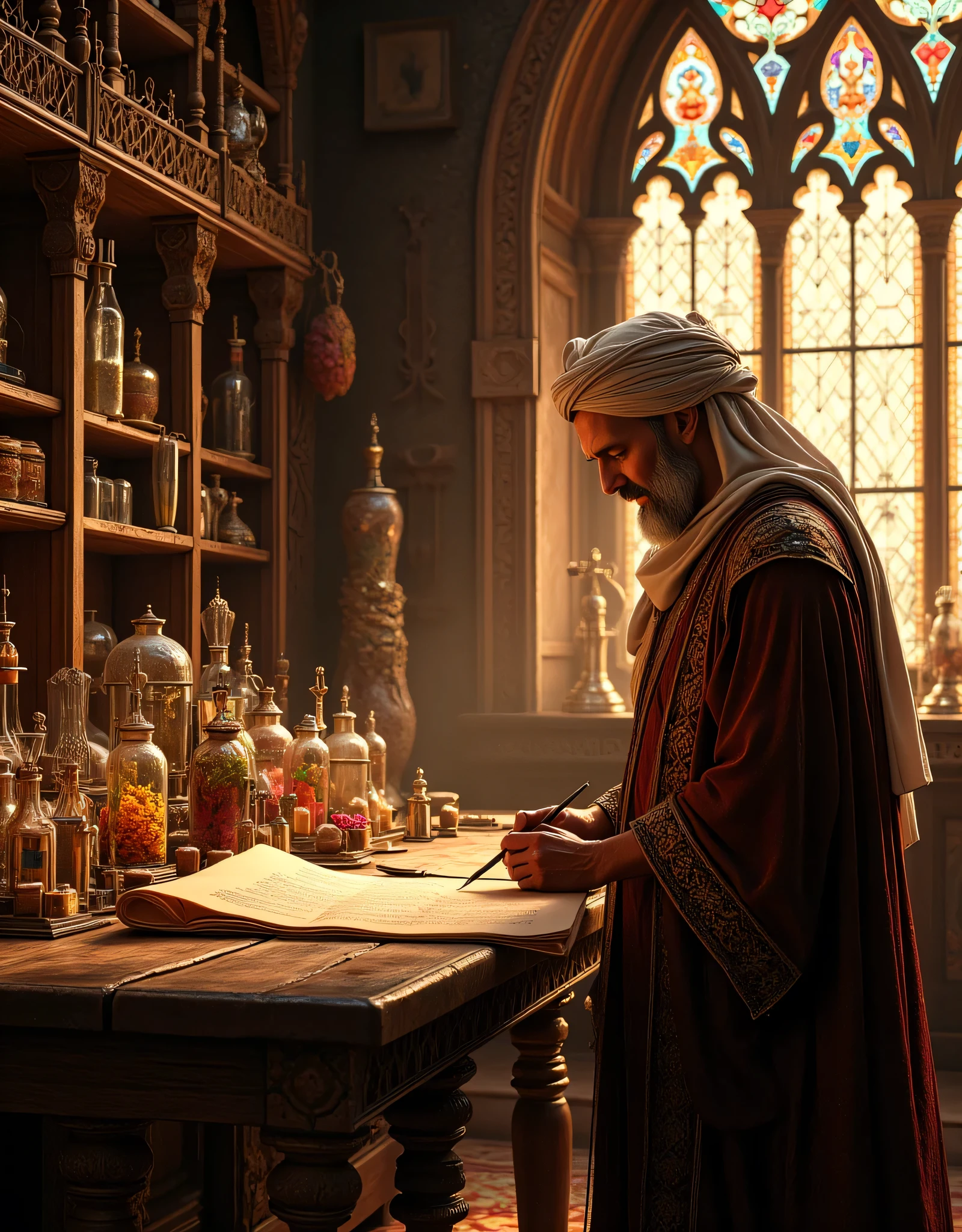 **Prompt:** Envision a richly detailed scene set in a medieval herbalist's chamber, where the air is fragrant with the earthy scents of dried herbs and obscure botanicals. The dimly lit space is curated with ornate wooden shelves, overflowing with jars of colorful potions and intricately labeled vials of remedies, showcasing the art of ancient medicine. In the heart of this room stands a wise, smiling middle-aged physician of Arabic descent, his intricately patterned robe and stately turban reflecting his noble heritage. His attention is captivated by an expansive oak table strewn with delicate scrolls and an array of glass tubes brimming with vibrant herbal concoctions. As he diligently writes with a fine brush, a warm golden light from the setting sun pours through tall, stained-glass windows, casting a kaleidoscope of colors and creating a serene atmosphere. In the background, historical medical instruments hint at the evolving understanding of healing practices, each artifact exuding a sense of history and curiosity. Capture this moment in hyperrealistic detail, using a medium-angle perspective to emphasize the rich textures of the chamber—the natural grain of the wood, the soft glow of candlelight, and the physician's meditative expression—as a symbol of the enduring quest for knowledge and the profound legacy of the healing arts. Let the viewer feel as if they are stepping back in time, invited into this enchanting world where science and tradition converge harmoniously.