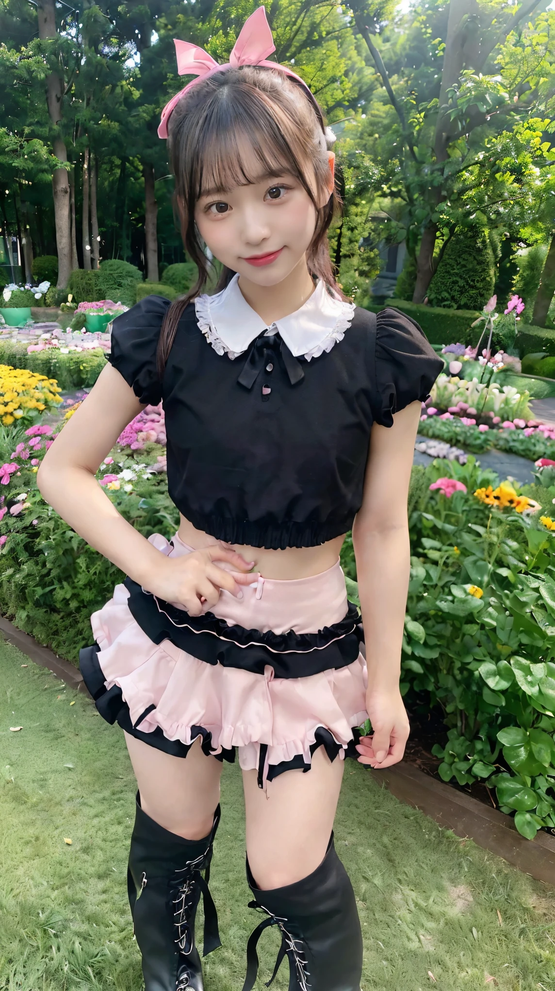 (8k、RAW Photos、Highest quality、masterpiece:1.2)、(Highest quality、Realistic)、1 Girl、((Frills、Black and pink miniskirt、Idol Costume、ribbon、See-through、Thin legs、whole body、boots、garden、View from the front、Looking into the camera、Stand with hands on hips))、cute