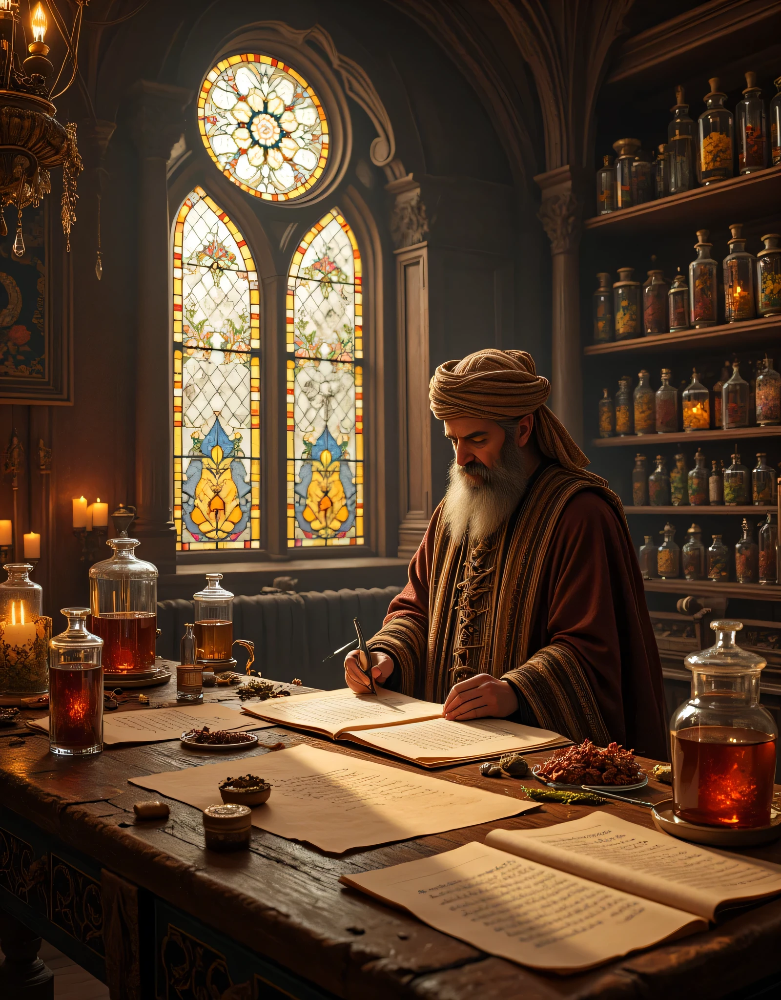 **Prompt:** Envision a richly detailed scene set in a medieval herbalist's chamber, where the air is fragrant with the earthy scents of dried herbs and obscure botanicals. The dimly lit space is curated with ornate wooden shelves, overflowing with jars of colorful potions and intricately labeled vials of remedies, showcasing the art of ancient medicine. In the heart of this room stands a wise, smiling middle-aged physician of Arabic descent, his intricately patterned robe and stately turban reflecting his noble heritage. His attention is captivated by an expansive oak table strewn with delicate scrolls and an array of glass tubes brimming with vibrant herbal concoctions. As he diligently writes with a fine brush, a warm golden light from the setting sun pours through tall, stained-glass windows, casting a kaleidoscope of colors and creating a serene atmosphere. In the background, historical medical instruments hint at the evolving understanding of healing practices, each artifact exuding a sense of history and curiosity. Capture this moment in hyperrealistic detail, using a medium-angle perspective to emphasize the rich textures of the chamber—the natural grain of the wood, the soft glow of candlelight, and the physician's meditative expression—as a symbol of the enduring quest for knowledge and the profound legacy of the healing arts. Let the viewer feel as if they are stepping back in time, invited into this enchanting world where science and tradition converge harmoniously.