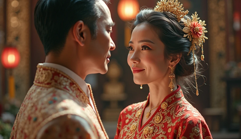 "An extremely delicate and beautiful painting，Excellent quality，A high resolution、High detail CG unity 8k wallpaper，It shows a happy scene。The protagonists are a young Chinese couple with black eyes and black hair，Wear festive Han traditional costumes，Standing in the drizzle。The girl's face is very beautiful。It gives a romantic and warm feeling。