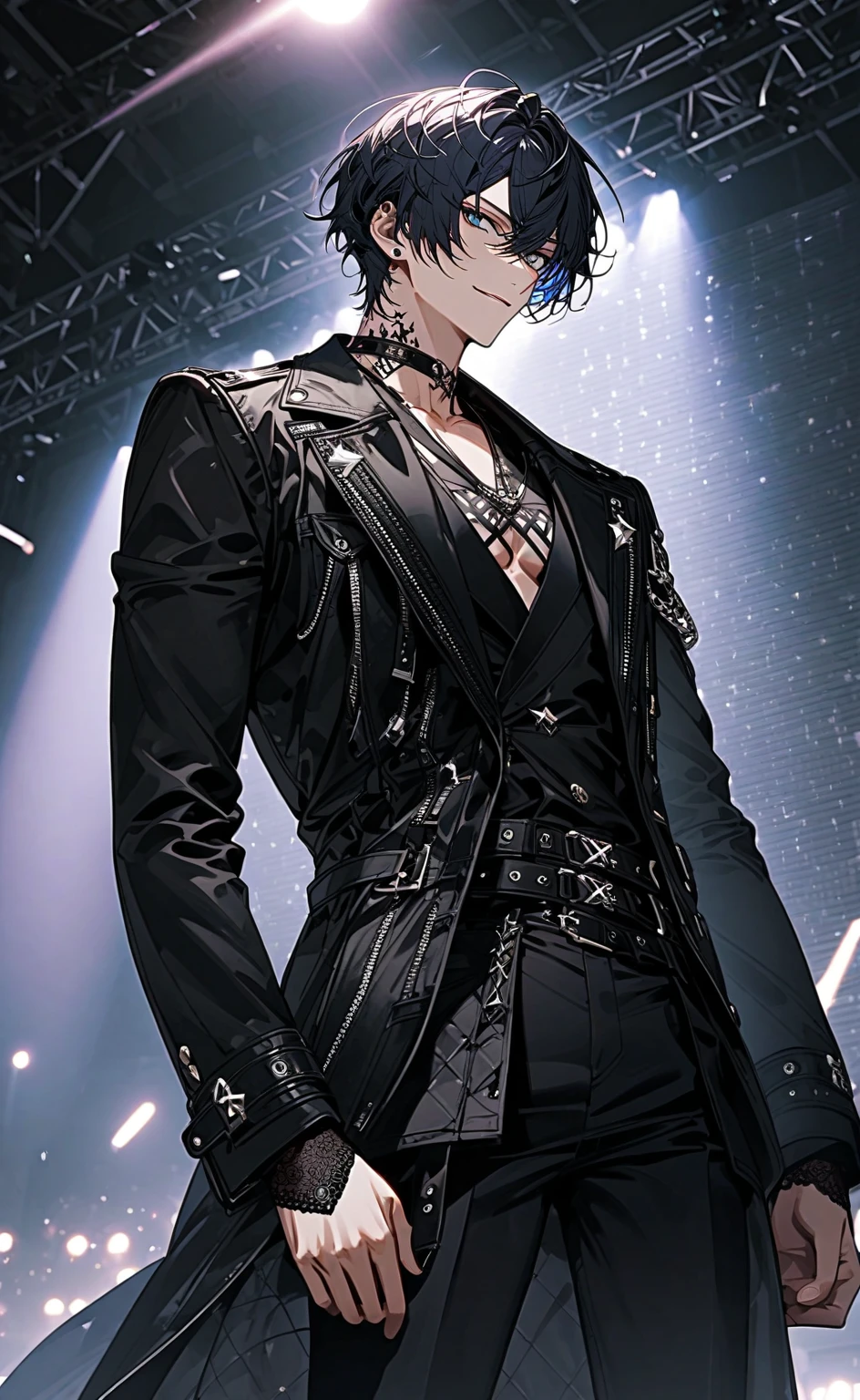 male BDSM-inspired character in the style of HoYoverse. He has short, sleek black hair with dark purple highlights and intense deep purple eyes. He wears a fitted black leather vest with intricate silver and dark purple embroidery, featuring multiple straps and buckles. Underneath, he has a tight, long-sleeved black shirt with mesh panels. His black leather pants have silver and purple detailing, including chains and buckles. He wears black combat boots with silver buckles and dark purple accents. Accessories include a black leather choker with a silver ring pendant, fingerless black leather gloves with silver studs and purple stitching, and a combination of silver and dark purple rings. He is equipped with a sleek black bullwhip with silver and purple accents, and a pair of sharp silver daggers with dark purple gemstones in the hilts. He has an ominous, ethereal aura with a dark, shadowy mist that flickers with purple light. His demeanor is dominant and enigm