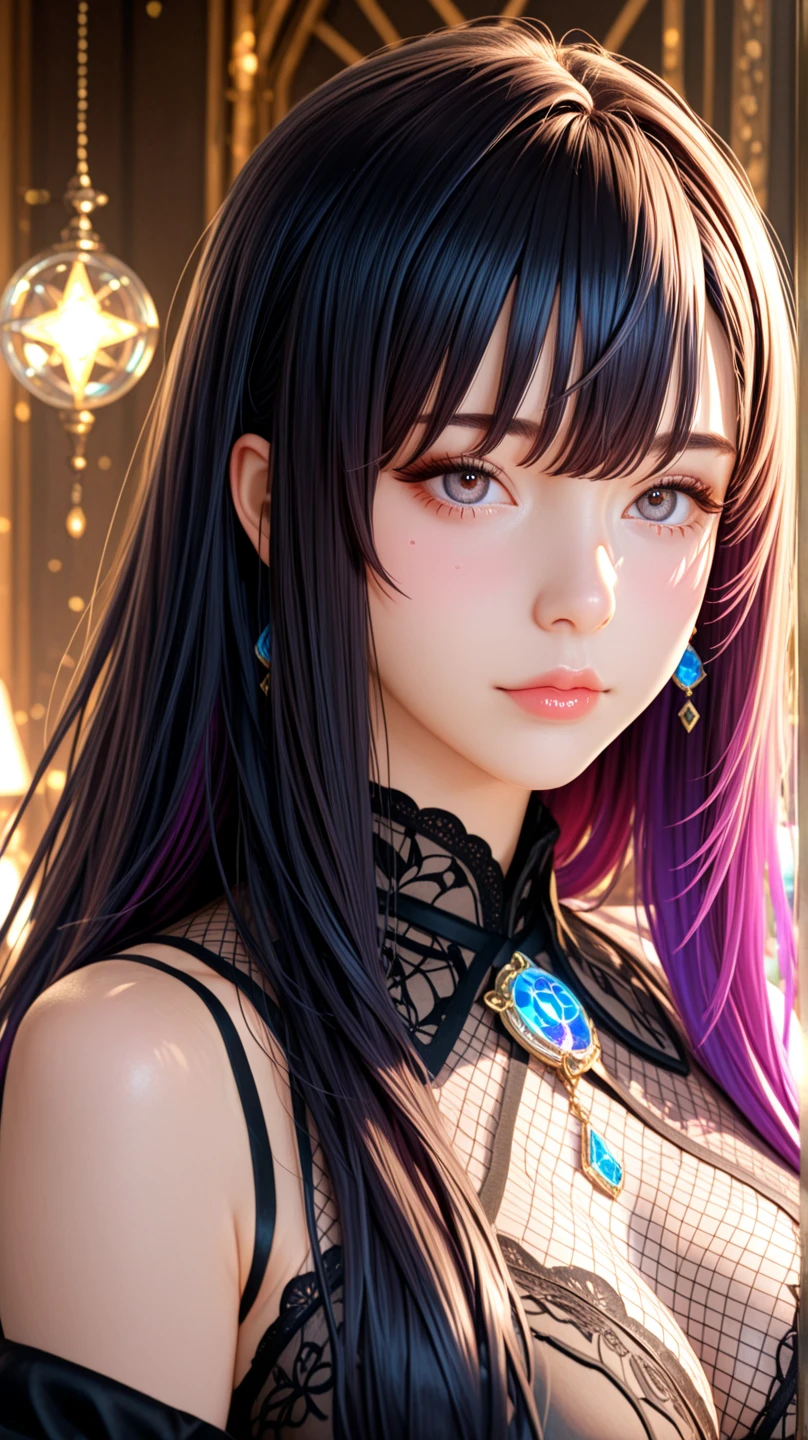 (tmasterpiece), (Best quality at best), actual, photo-realism, 1个Giant Breast Girl, beuaty girl, s the perfect face, ssmile, sportrait, Breathtakingly beautiful, studio light, sexy for, black color dress, Eyes same color，Red with a touch of purple hair