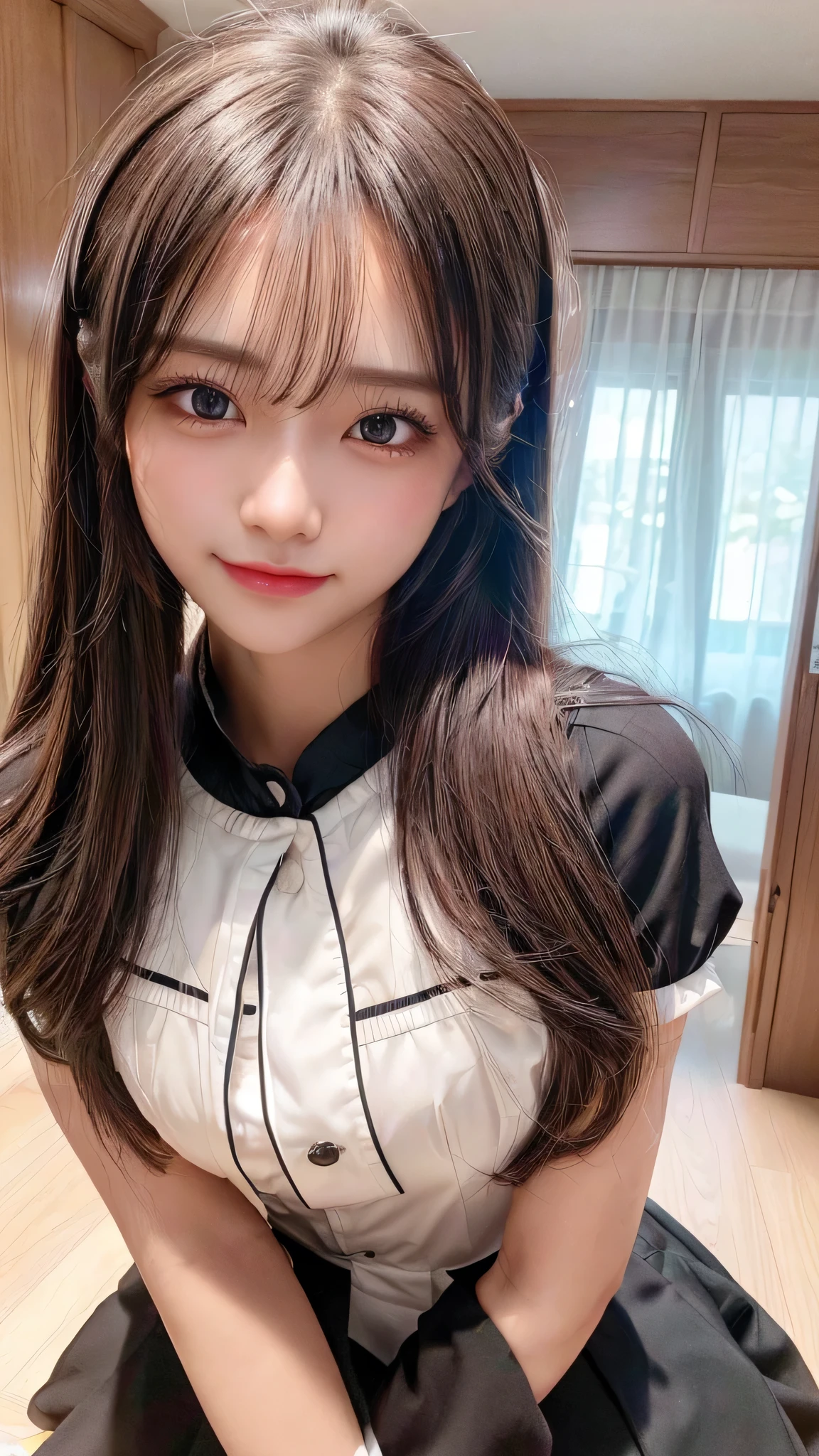 ((top-quality、8K、masterpiece:1.5))、One girl、(Unhealthy face)、(Letter to)、Blunt bangs、(Lots of bangs:1.3)、(full body Esbian:1.4)、(Symmetrical face)、hyperdetailed face、Ultra detailed mouth、A detailed eye、Detailed ears、Slim Faces、(selfee:1.3)、(off shoulders)、(Armpit)、(Looking Up)、(From above)、(Straight long hair、Ahoge:1.3)、(Upper Eyes)、the background is blurred、(Sheer shirt:1.3)、lipgloss、(dress room)、(turning off lights)、