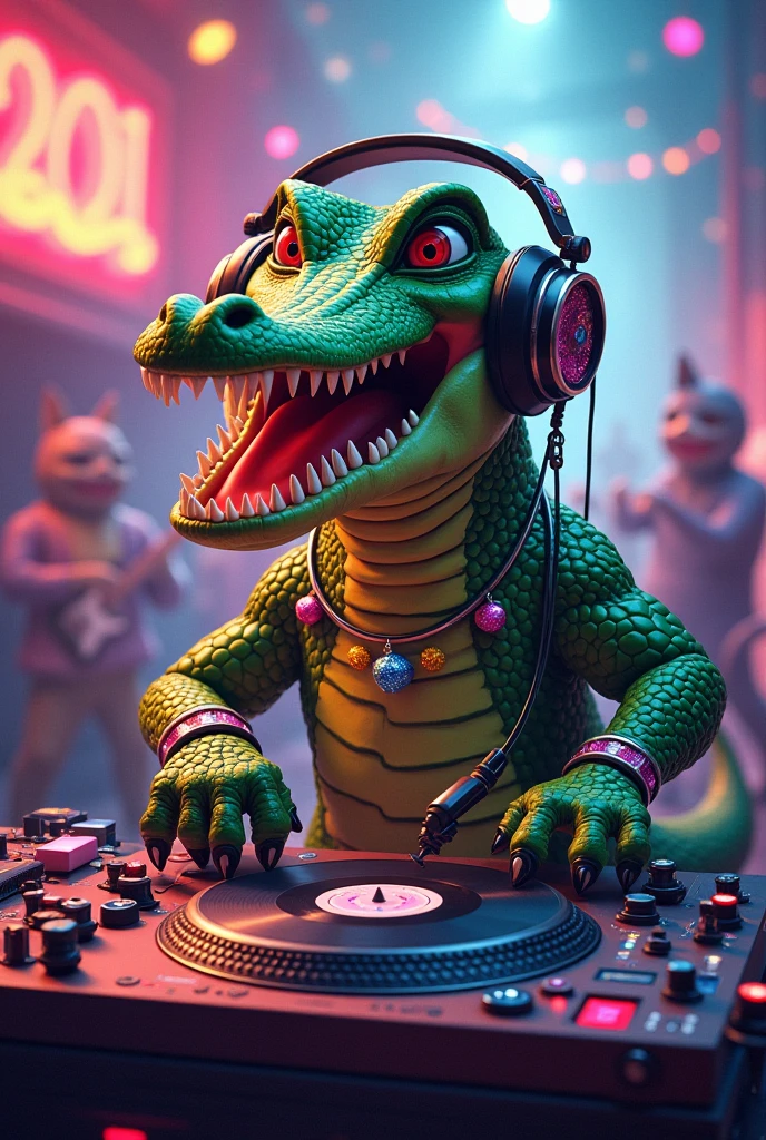 A character with features of the ultra realistic adult alligator courage dog cartoon,drag Queen from the interior of Minas Gerais ...dressed in flashy peasant clothes,very large gamer headphones in Neon ,large neon earrings matching the headphones .. full lips with lip filler and lots of makeup . Large gel nails ,very eye-catching ,all matching the LGBT flag. Long pink straight curly wigs....Character wearing an elegant diamond necklace..Full body
With the pink neon logo that says 'AlliGAYtor' in the foreground, gigantic,de corpo inteiro