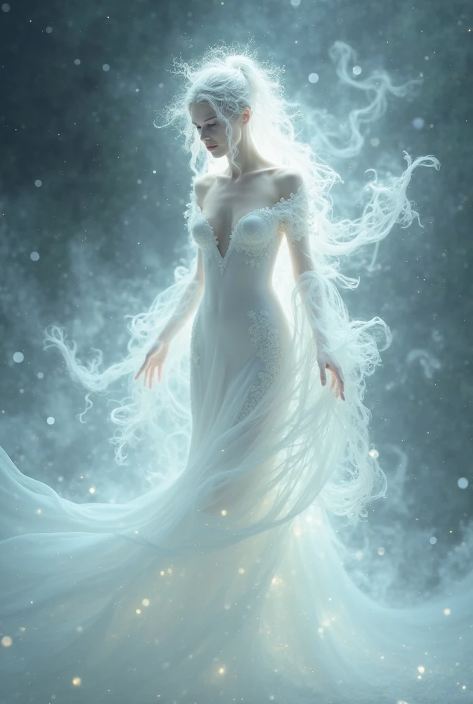 An Arad woman in a white dress stands in a cave, a still of an ethereal, endless flowing ethereal drapery, dress made of water, silk flowing in wind, a stunning young ethereal figure, large translucent art statues, Zhang Jingna, Flowing fabric, statue made of glass, surreal water art, wearing a dress made of water, sculpture made of water